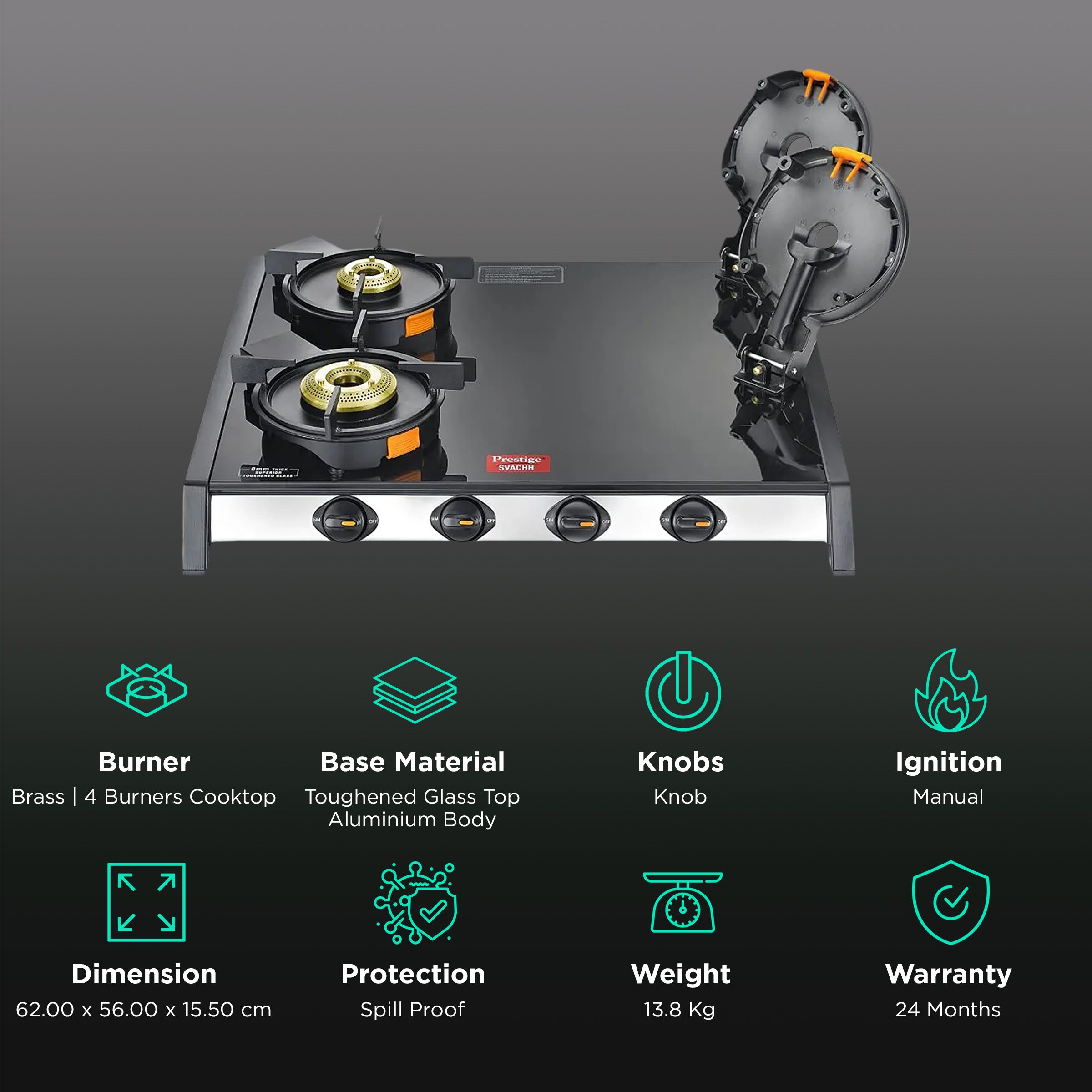 Prestige Svachh Toughened Glass Top 4 Burner Manual Gas Stove (Liftable Burner Set, Black) Prestige Svachh Toughened Glass Top 4 Burner Manual Gas Stove (Liftable Burner Set, Black)_3
