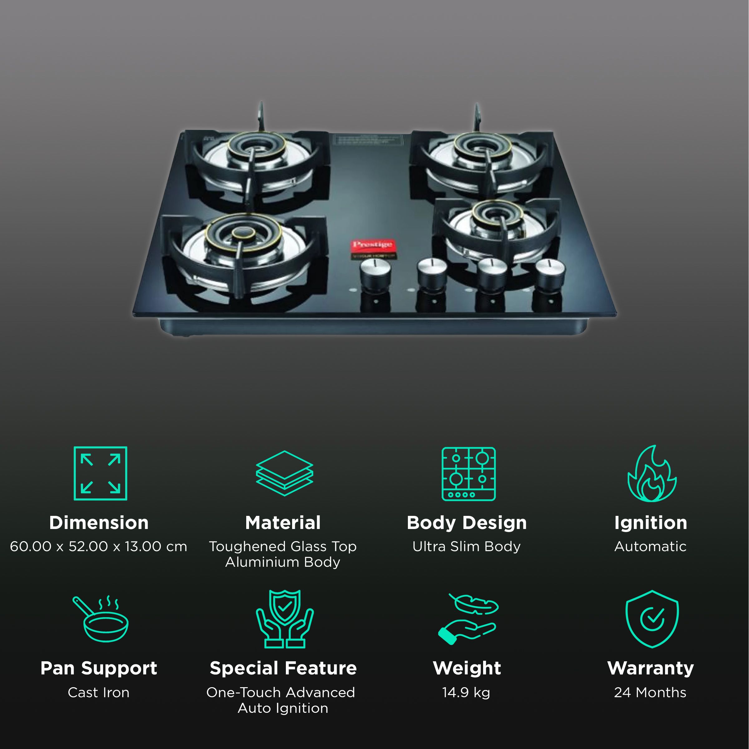 Prestige Vogue Toughened Glass Top 4 Burner Automatic Hob (Ultra Slim Body, Black) Prestige Vogue Toughened Glass Top 4 Burner Automatic Hob (Ultra Slim Body, Black)_3