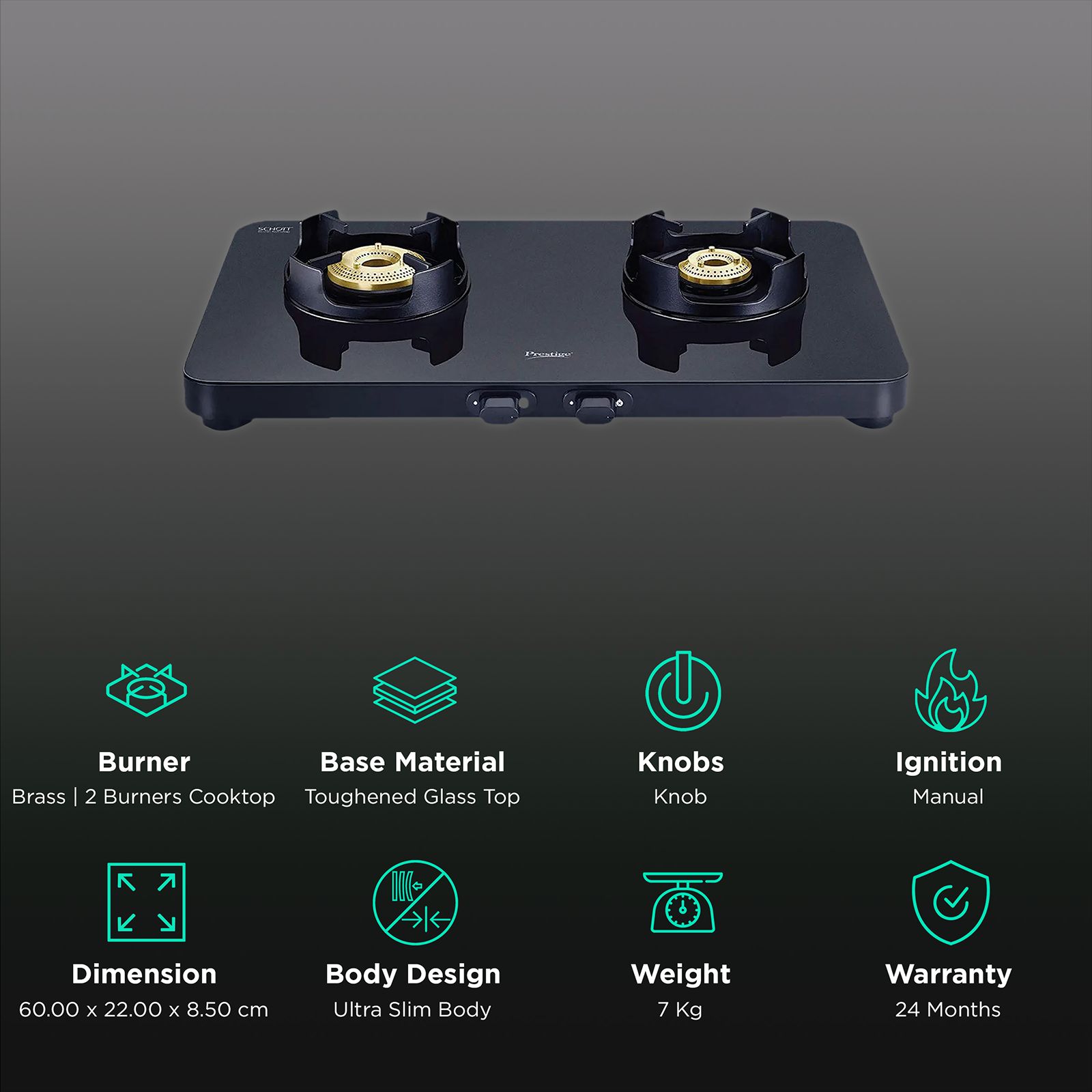 Prestige Edge Toughened Glass Top 2 Burner Manual Gas Stove (Ergonomic Knob, Black)_2