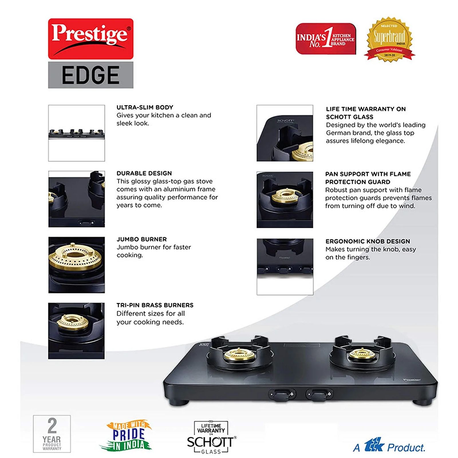 Prestige Edge Toughened Glass Top 2 Burner Manual Gas Stove (Ergonomic Knob, Black)_3
