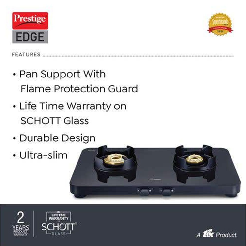 Prestige Edge Toughened Glass Top 2 Burner Manual Gas Stove (Ergonomic Knob, Black)_5