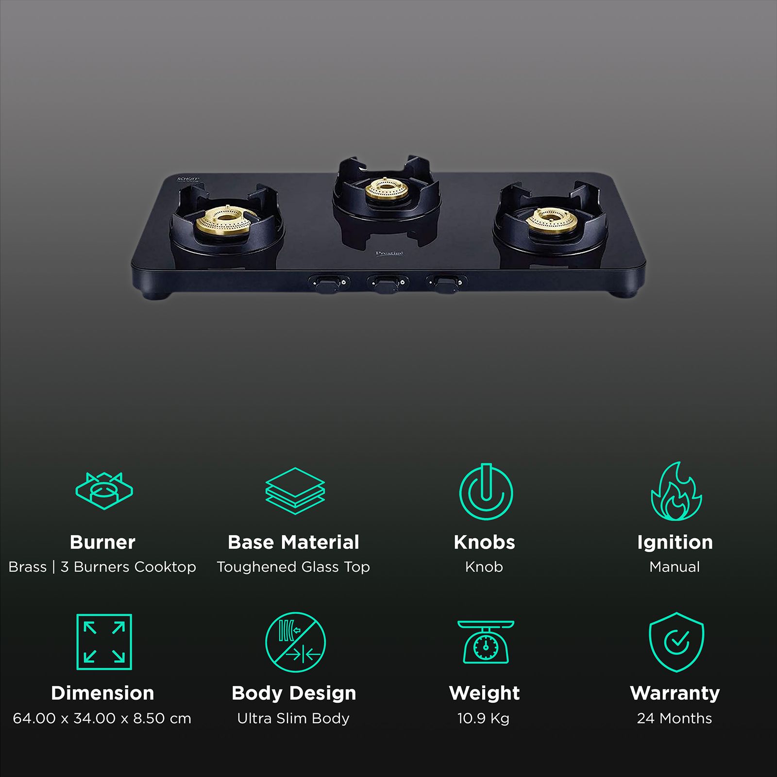Prestige Edge Toughened Glass Top 3 Burner Manual Gas Stove (Ergonomic Knob, Black)_3