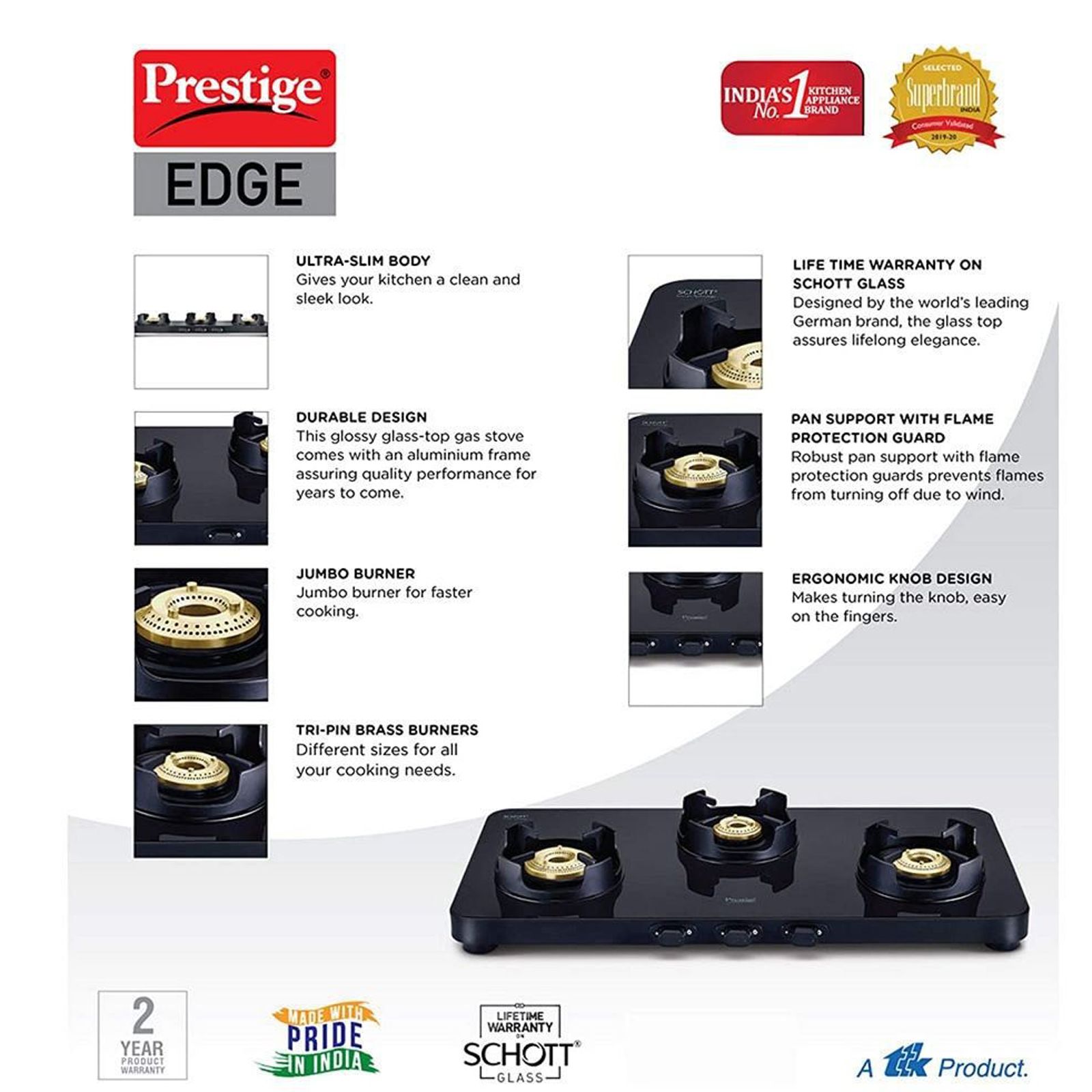 Prestige Edge Toughened Glass Top 3 Burner Manual Gas Stove (Ergonomic Knob, Black)_5