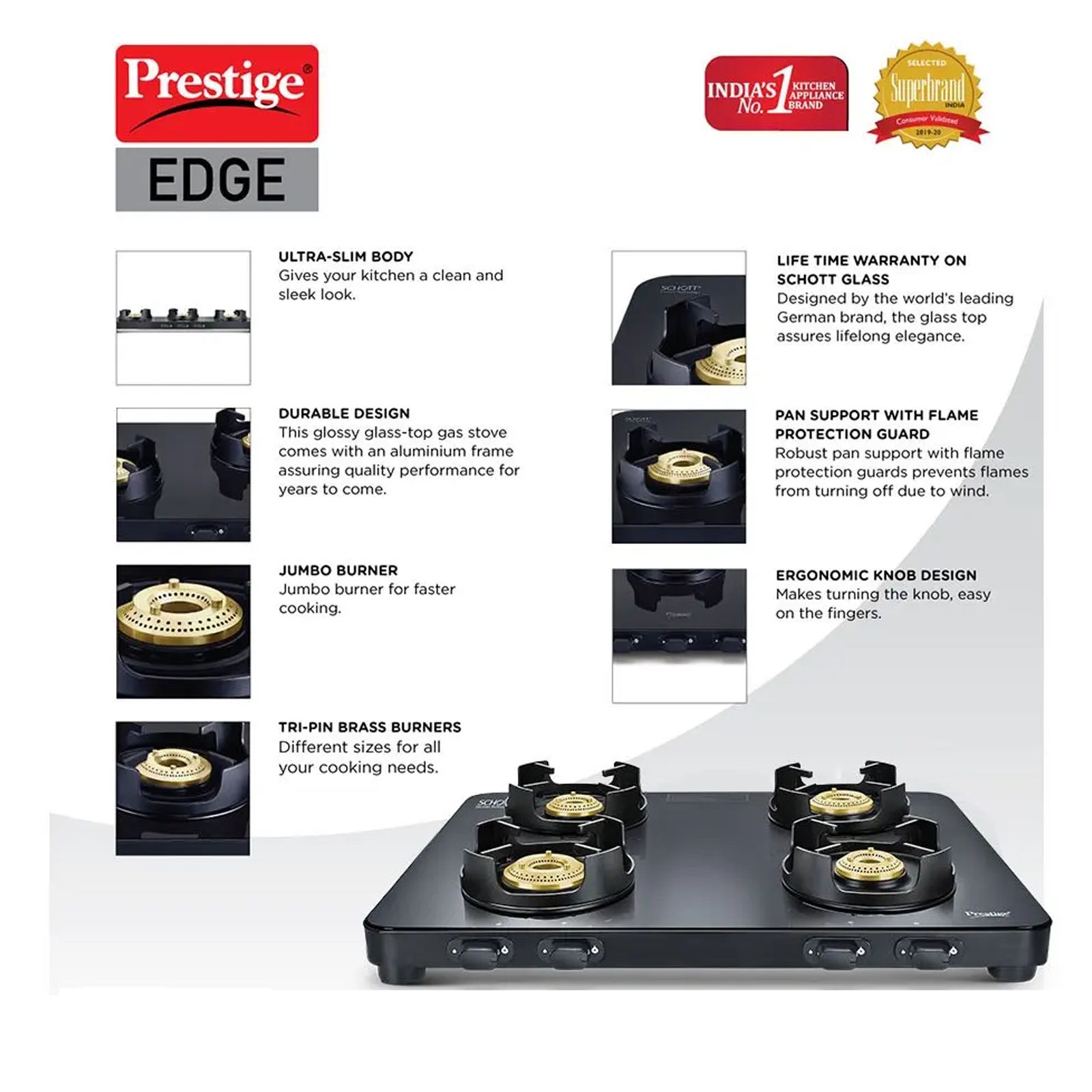 Prestige Edge Toughened Glass Top 4 Burner Manual Gas Stove (Ergonomic Knob, Black) Prestige Edge Toughened Glass Top 4 Burner Manual Gas Stove (Ergonomic Knob, Black)_8