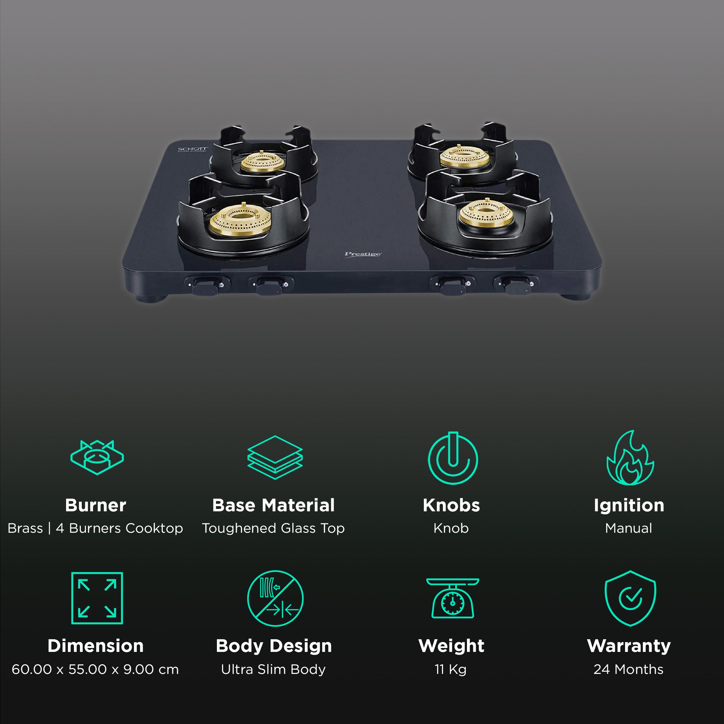 Prestige Edge Toughened Glass Top 4 Burner Manual Gas Stove (Ergonomic Knob, Black) Prestige Edge Toughened Glass Top 4 Burner Manual Gas Stove (Ergonomic Knob, Black)_3