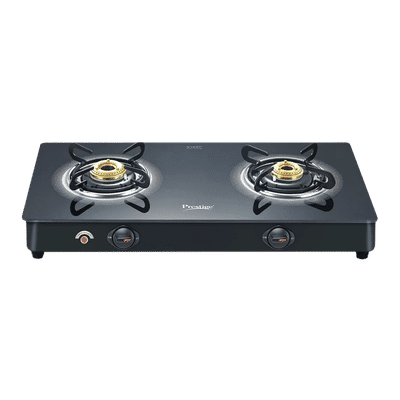 Prestige Royale Plus Toughened Glass Top 2 Burner Automatic Gas Stove (Ergonomic Knob, Black)