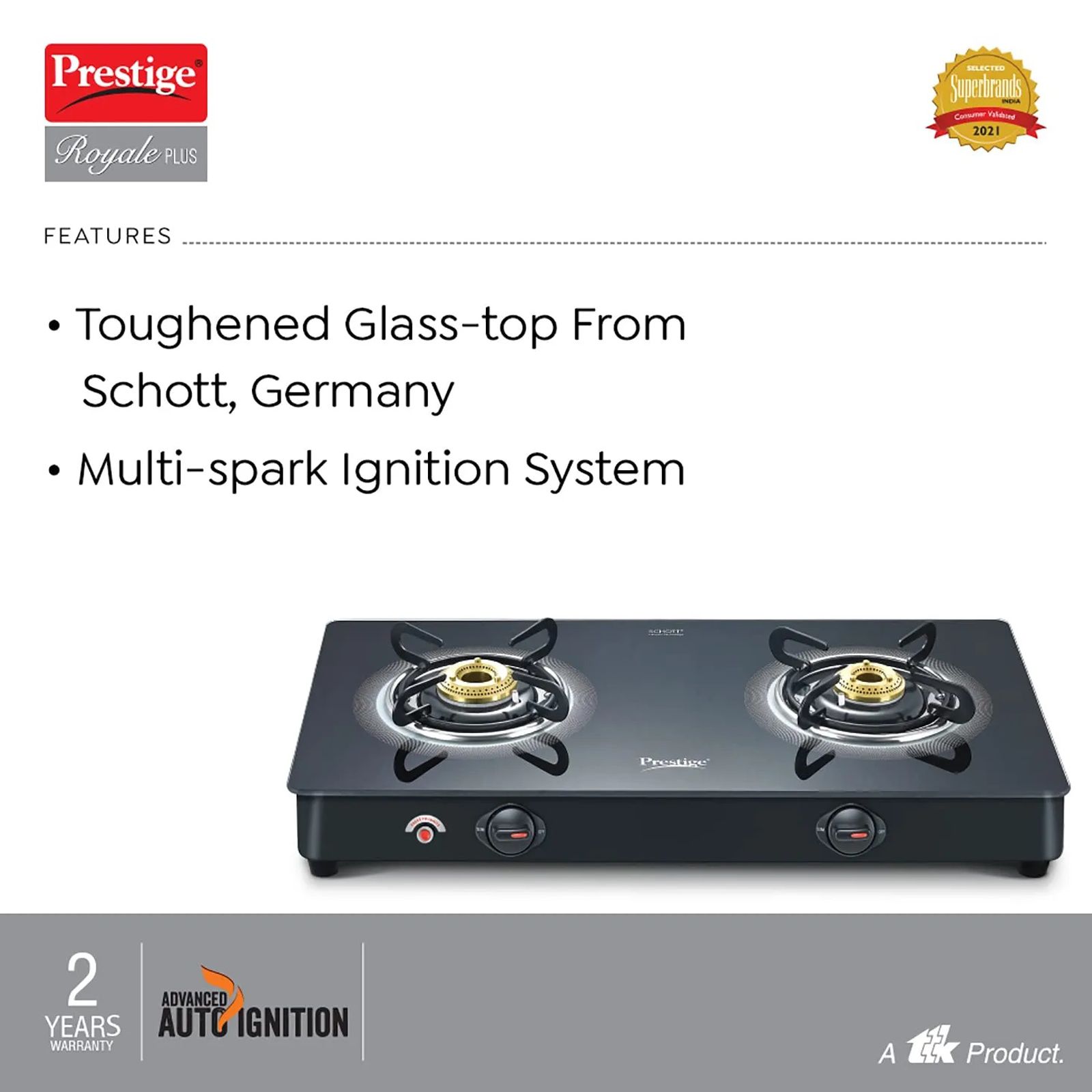 Prestige Royale Plus Toughened Glass Top 2 Burner Automatic Gas Stove (Ergonomic Knob, Black) Prestige Royale Plus Toughened Glass Top 2 Burner Automatic Gas Stove (Ergonomic Knob, Black)_6