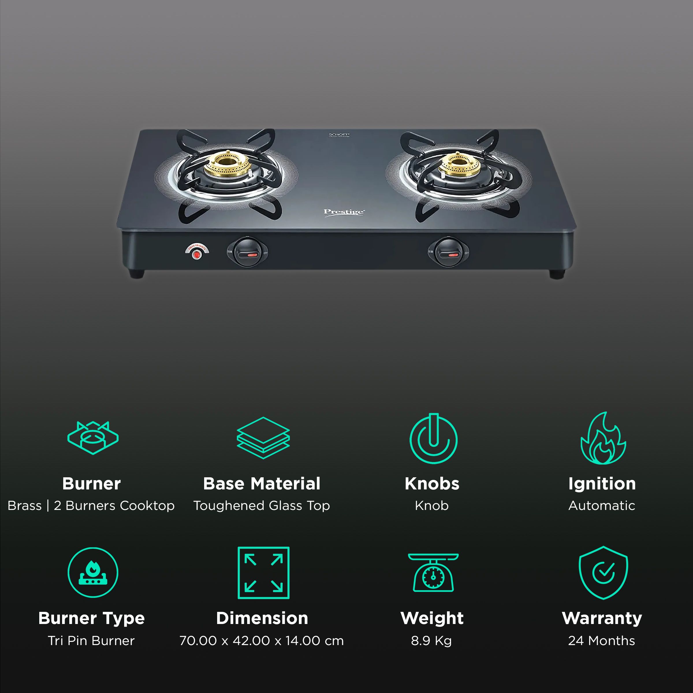 Prestige Royale Plus Toughened Glass Top 2 Burner Automatic Gas Stove (Ergonomic Knob, Black) Prestige Royale Plus Toughened Glass Top 2 Burner Automatic Gas Stove (Ergonomic Knob, Black)_3