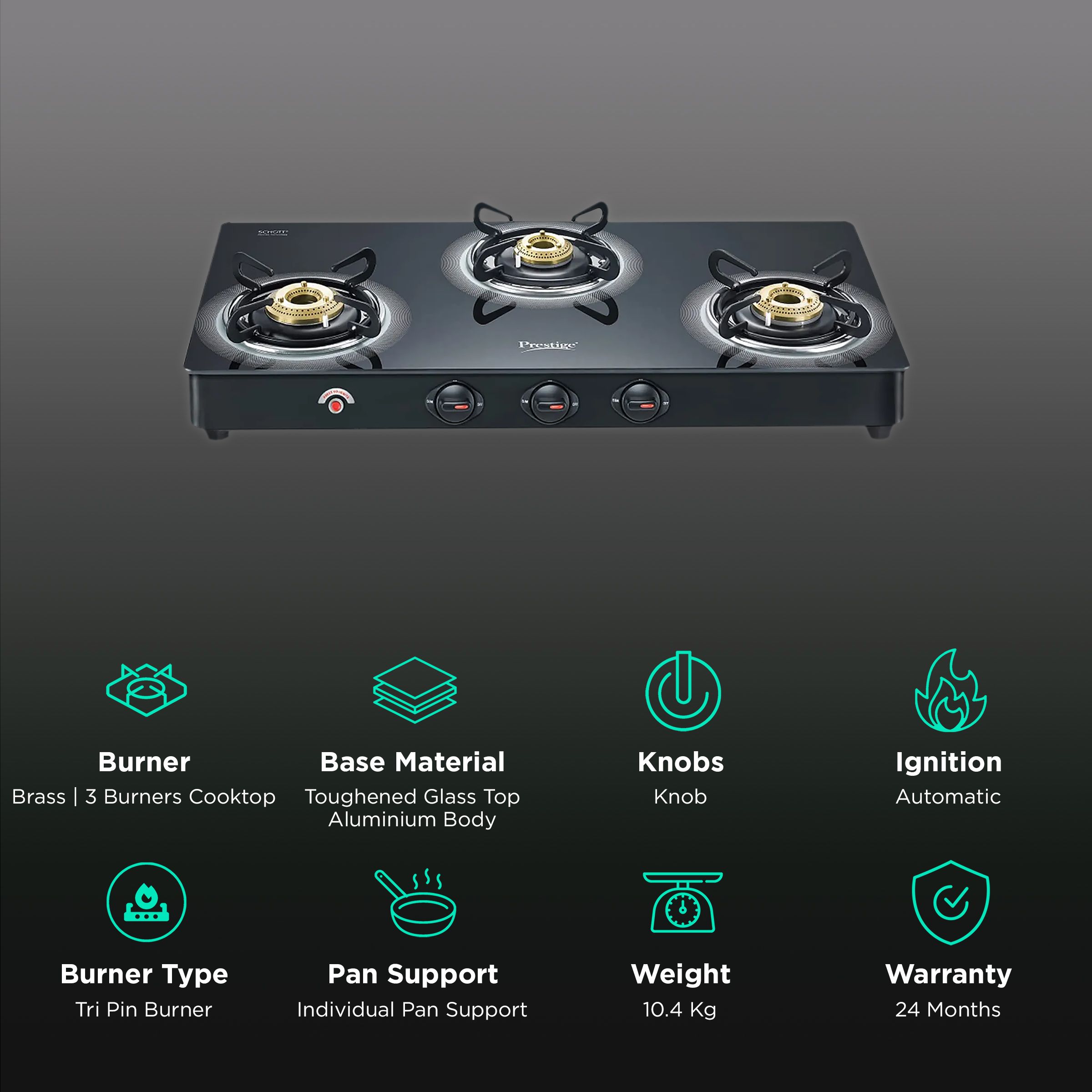 Prestige Royale Plus Toughened Glass Top 3 Burner Automatic Gas Stove (Ergonomic Knob, Black) Prestige Royale Plus Toughened Glass Top 3 Burner Automatic Gas Stove (Ergonomic Knob, Black)_3