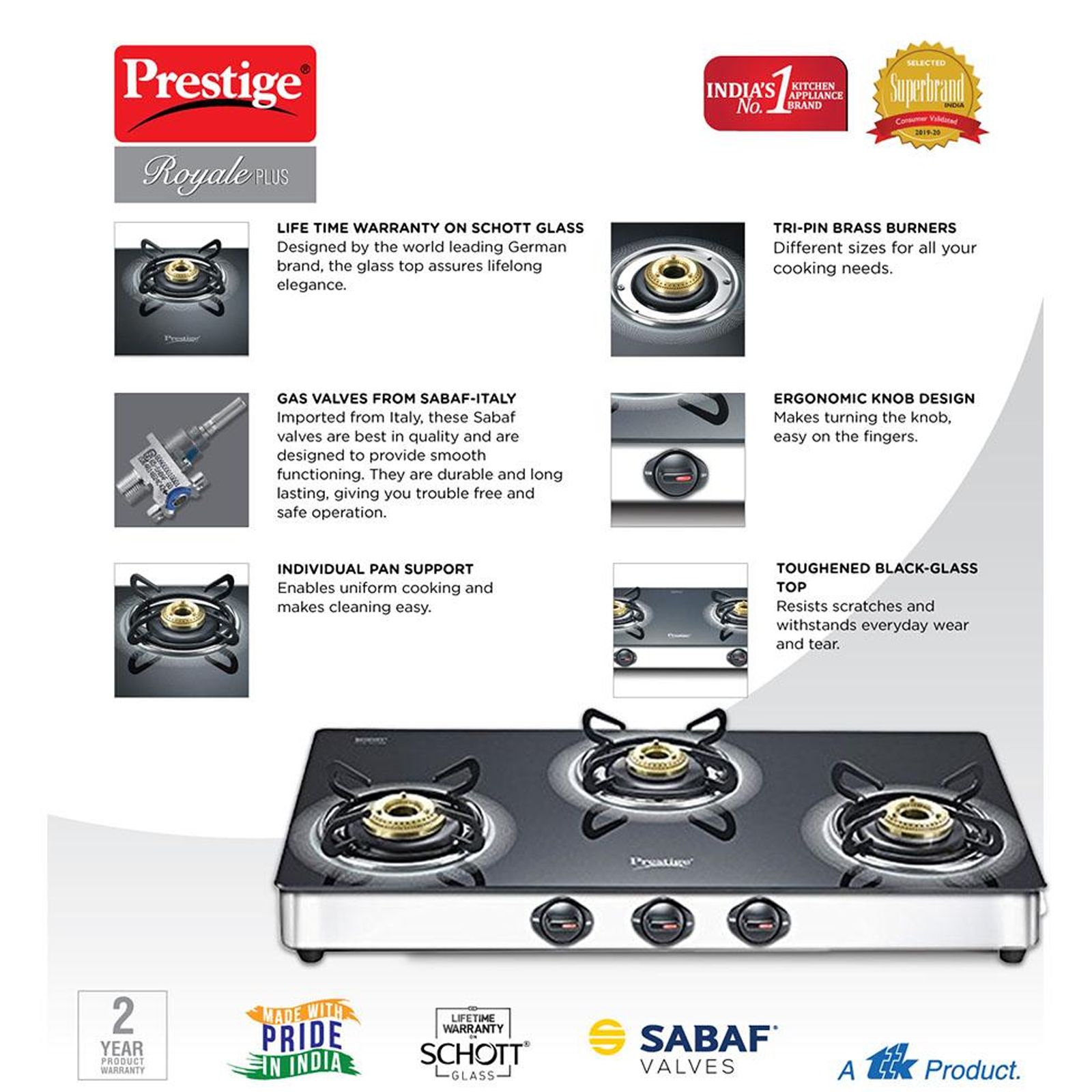 Prestige Royale Plus Toughened Glass Top 3 Burner Manual Gas Stove (Ergonomic Knob, Black) Prestige Royale Plus Toughened Glass Top 3 Burner Manual Gas Stove (Ergonomic Knob, Black)_4