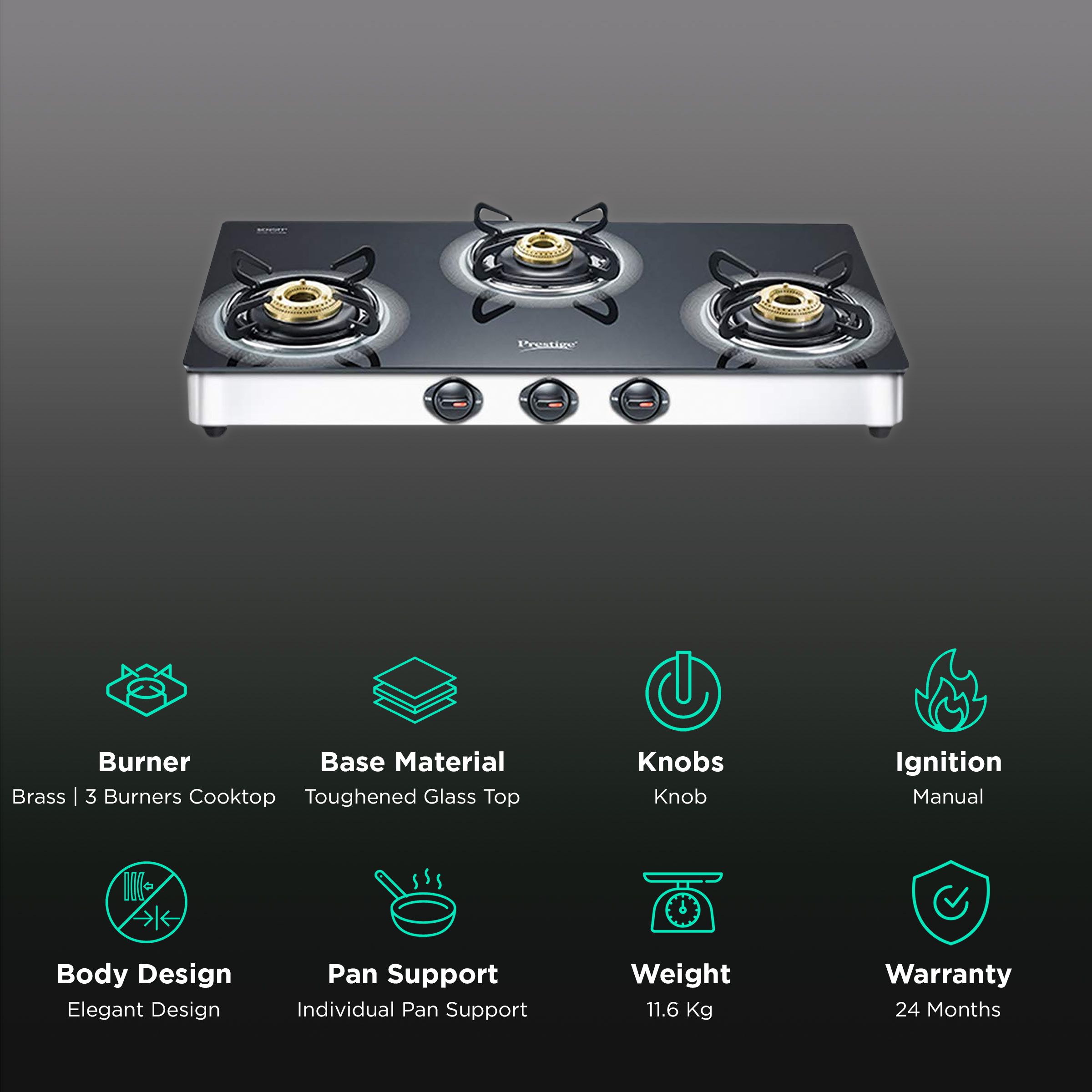 Prestige Royale Plus Toughened Glass Top 3 Burner Manual Gas Stove (Ergonomic Knob, Black) Prestige Royale Plus Toughened Glass Top 3 Burner Manual Gas Stove (Ergonomic Knob, Black)_3