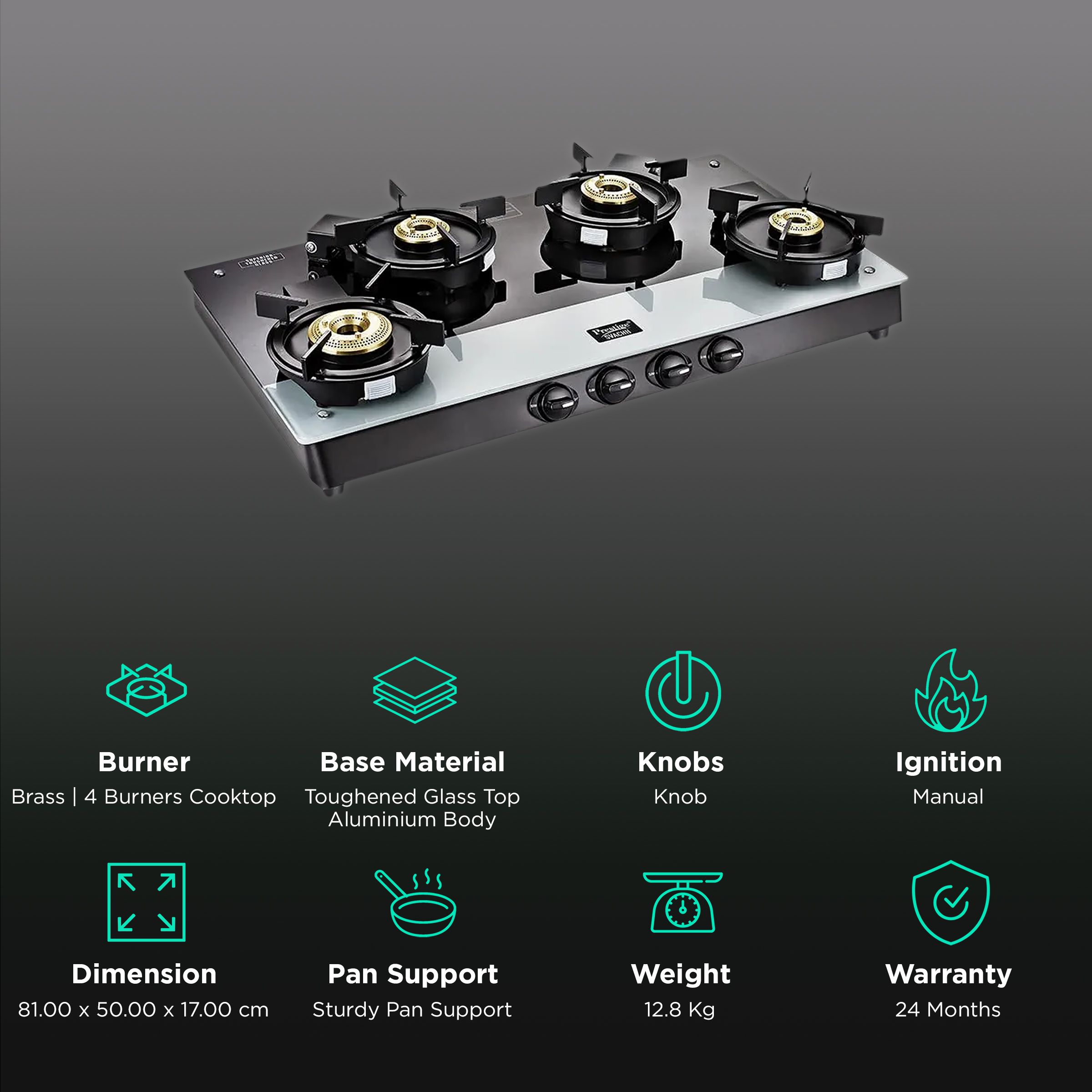 Prestige Svachh Duo Toughened Glass Top 4 Burner Manual Gas Stove (Liftable Burner Set, Black) Prestige Svachh Duo Toughened Glass Top 4 Burner Manual Gas Stove (Liftable Burner Set, Black)_3