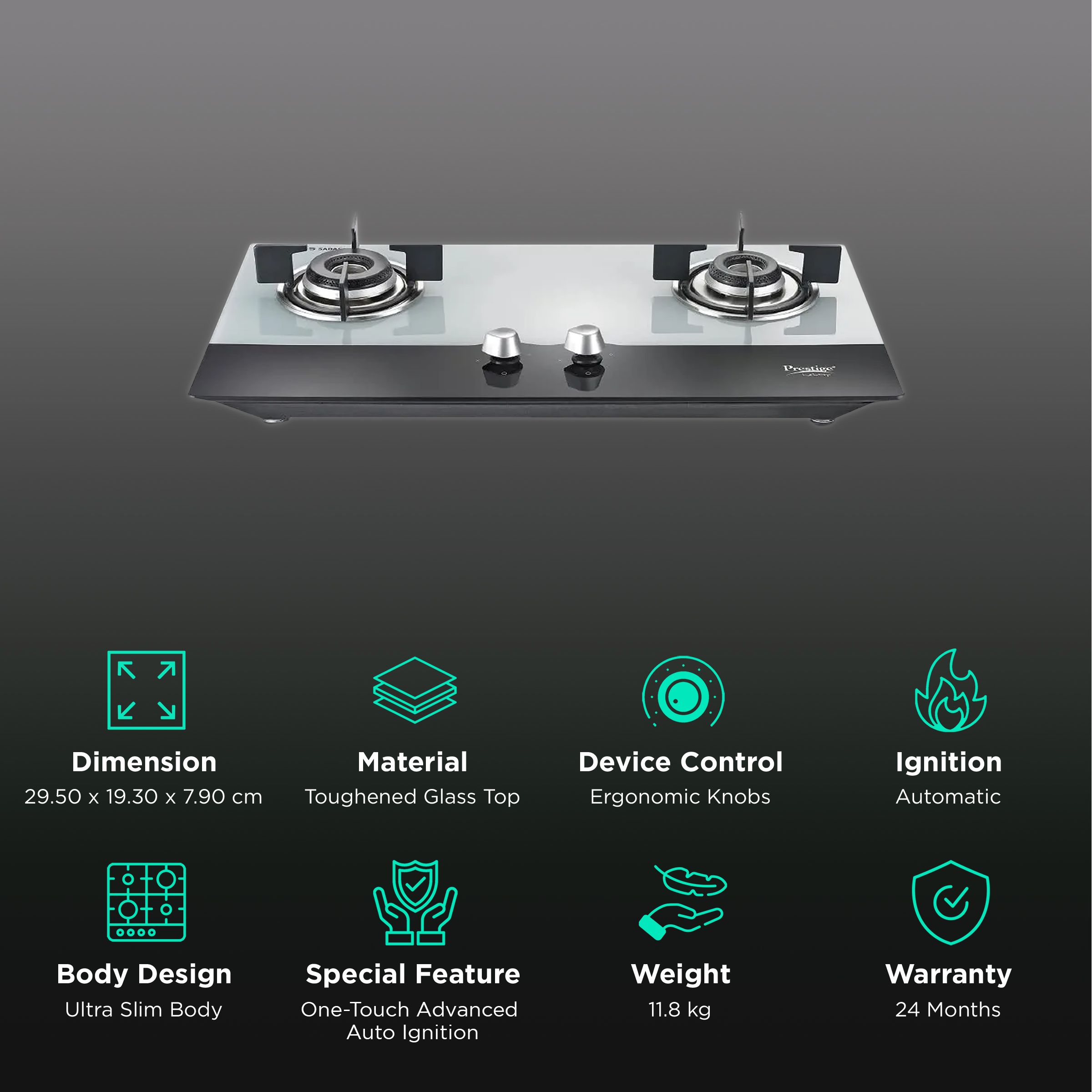 Prestige Desire Toughened Glass Top 2 Burner Automatic Hob (Ergonomic Knob, Black) Prestige Desire Toughened Glass Top 2 Burner Automatic Hob (Ergonomic Knob, Black)_3