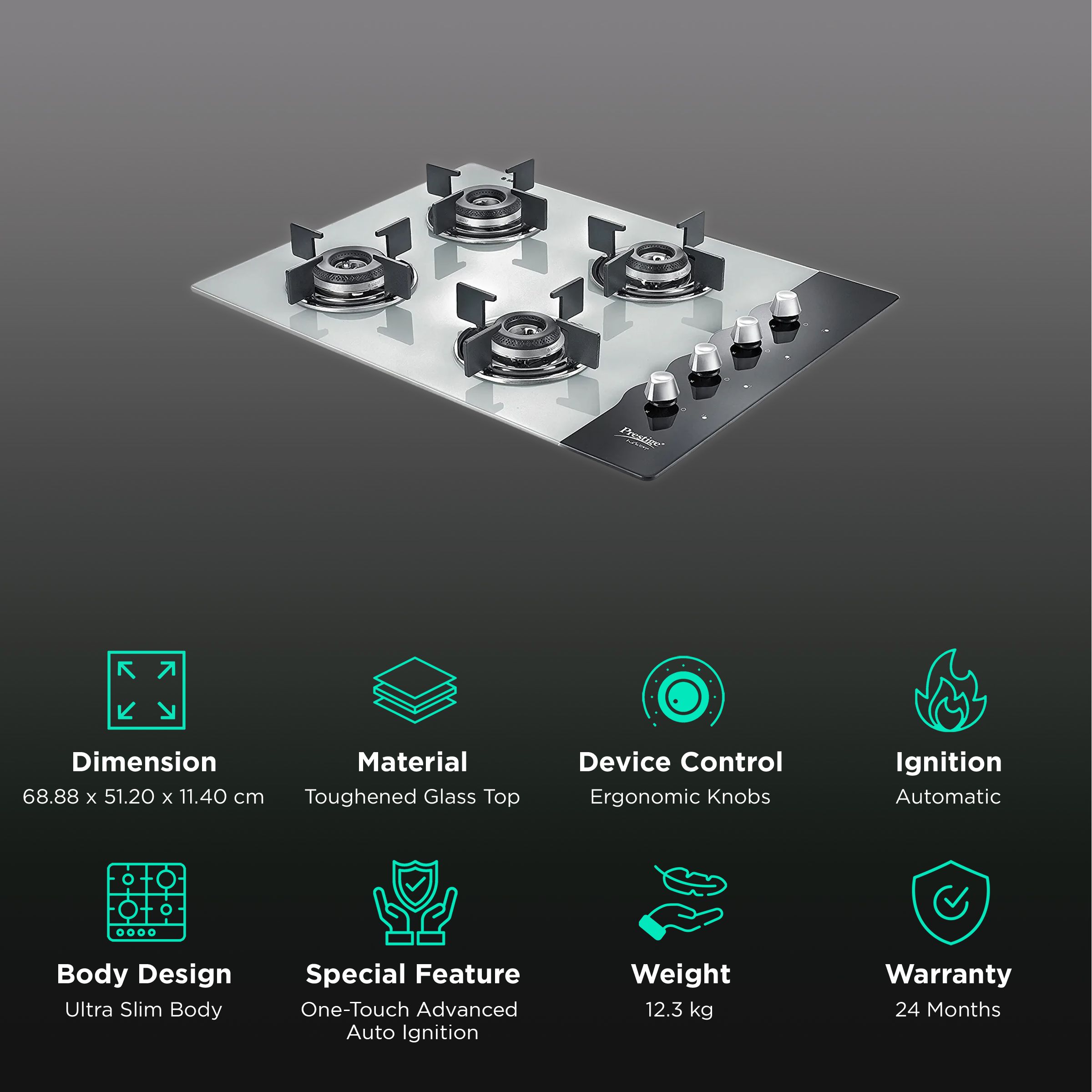 Prestige Desire Toughened Glass Top 4 Burner Automatic Hob (Ergonomic Knob, Black) Prestige Desire Toughened Glass Top 4 Burner Automatic Hob (Ergonomic Knob, Black)_3