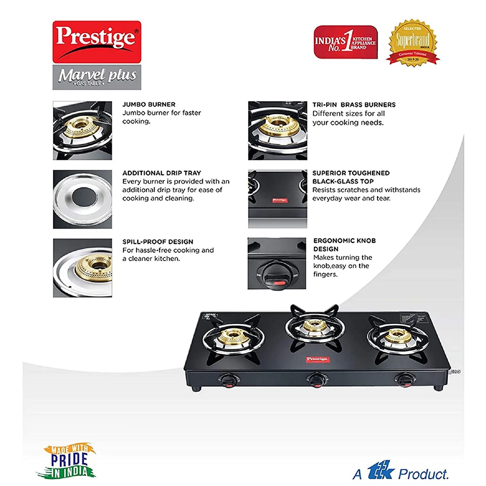 Prestige Marvel Plus Toughened Glass Top 3 Burner Manual Gas Stove (Ergonomic Knob, Black) Prestige Marvel Plus Toughened Glass Top 3 Burner Manual Gas Stove (Ergonomic Knob, Black)_4