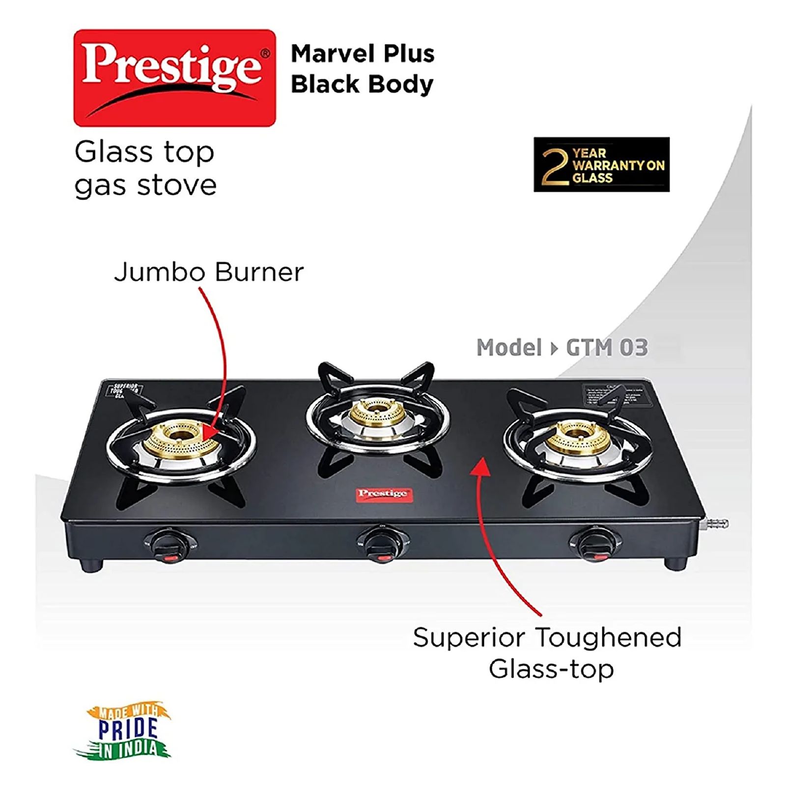 Prestige Marvel Plus Toughened Glass Top 3 Burner Manual Gas Stove (Ergonomic Knob, Black) Prestige Marvel Plus Toughened Glass Top 3 Burner Manual Gas Stove (Ergonomic Knob, Black)_5