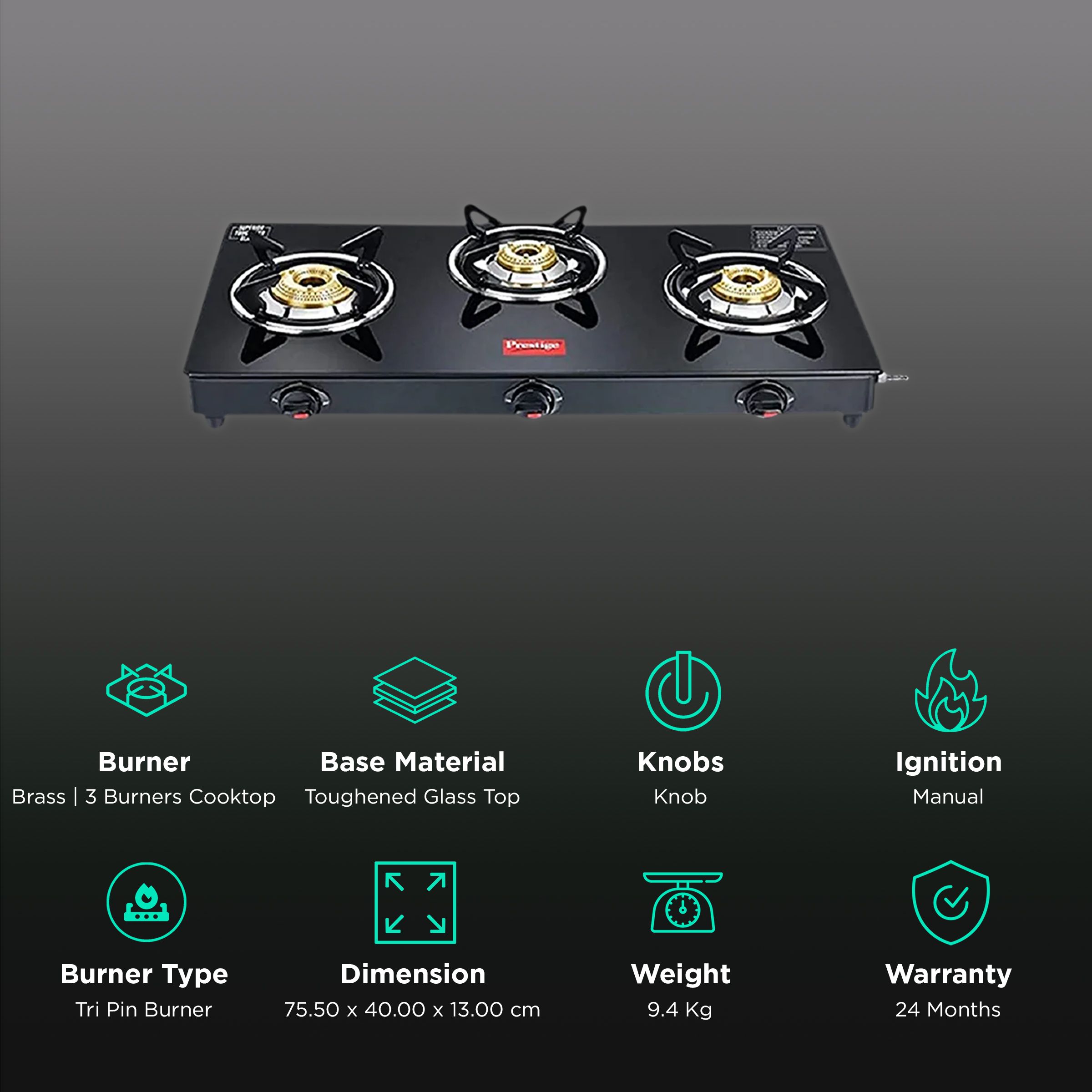 Prestige Marvel Plus Toughened Glass Top 3 Burner Manual Gas Stove (Ergonomic Knob, Black) Prestige Marvel Plus Toughened Glass Top 3 Burner Manual Gas Stove (Ergonomic Knob, Black)_3
