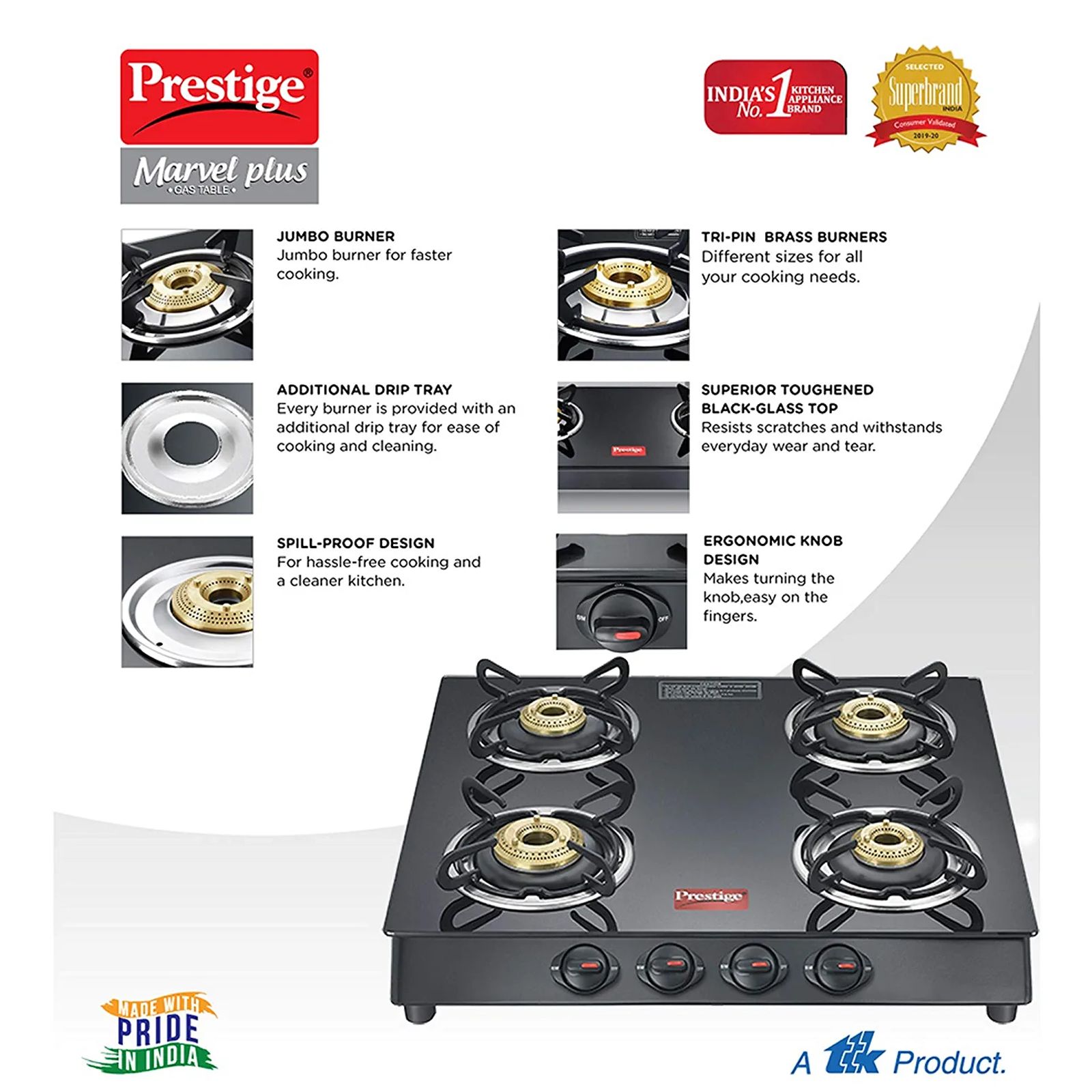 Prestige Marvel Plus Toughened Glass Top 4 Burner Manual Gas Stove (Ergonomic Knob, Black)_7