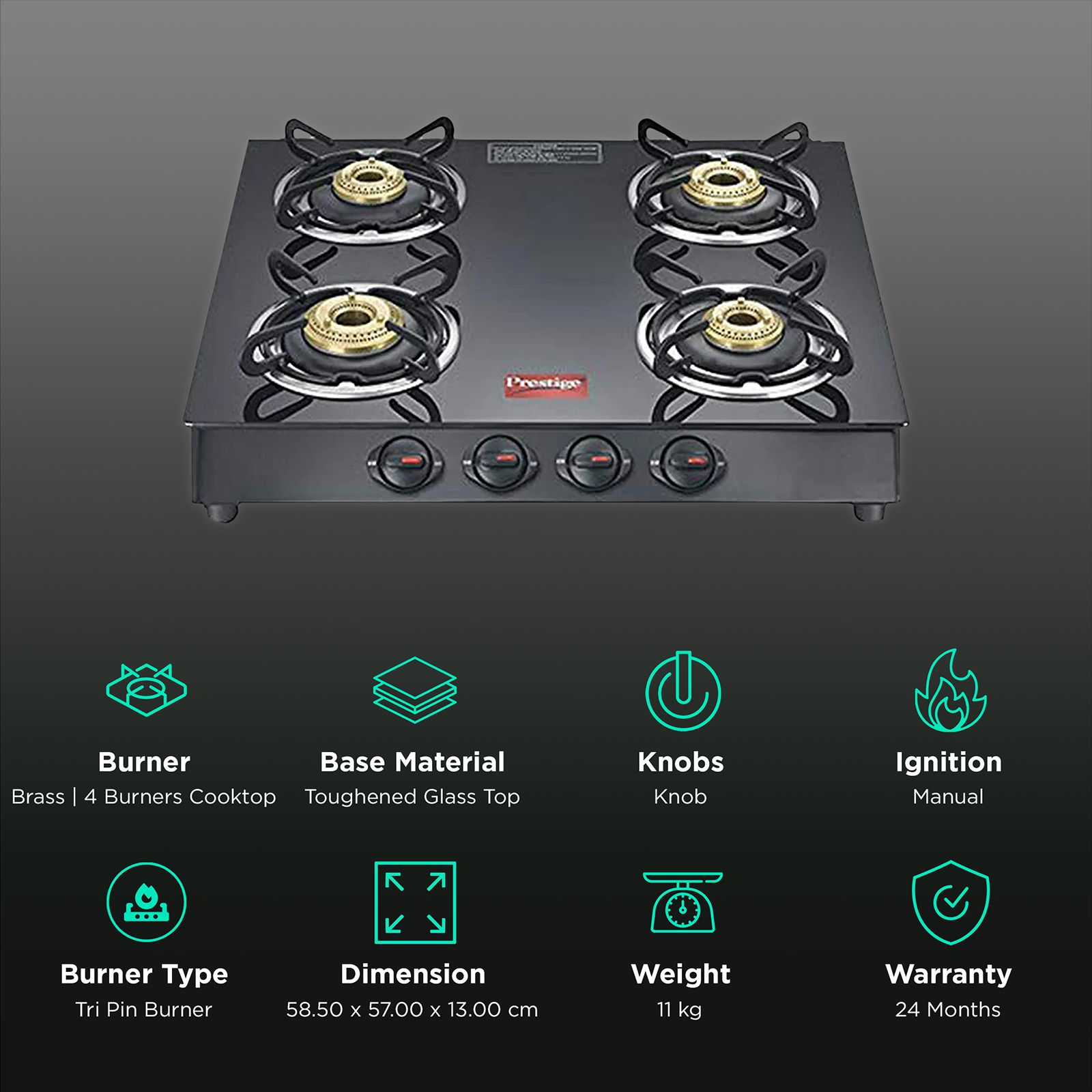 Prestige Marvel Plus Toughened Glass Top 4 Burner Manual Gas Stove (Ergonomic Knob, Black)_3