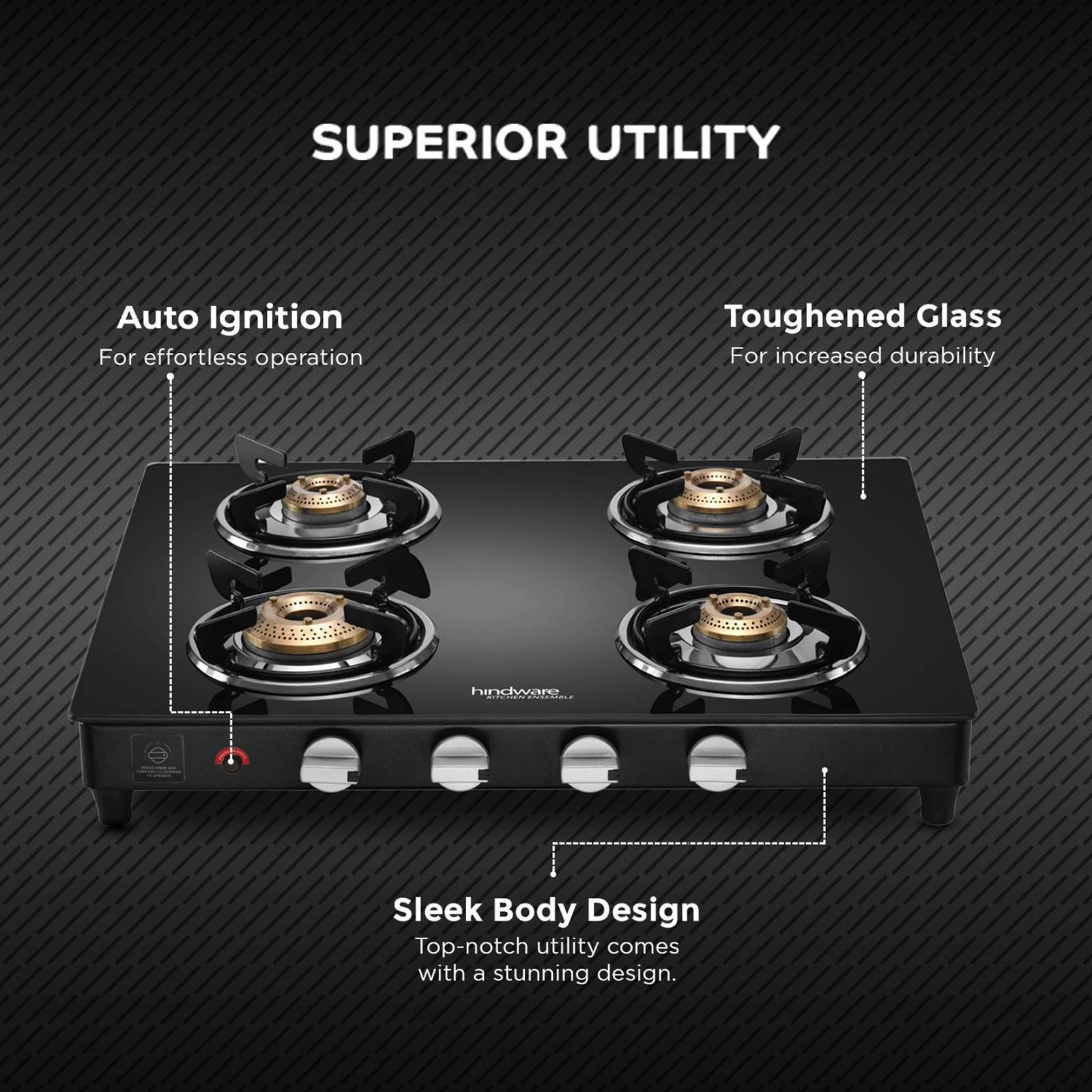 Hindware ARMO Plus Toughened Glass Top 4 Burner Automatic Gas Stove (Sleek Body Design, Black) Hindware ARMO Plus Toughened Glass Top 4 Burner Automatic Gas Stove (Sleek Body Design, Black)_5