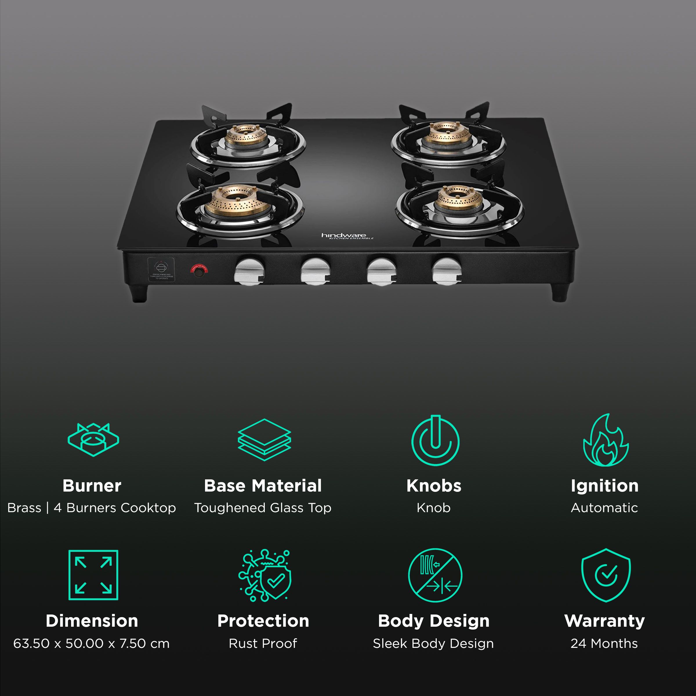 Hindware ARMO Plus Toughened Glass Top 4 Burner Automatic Gas Stove (Sleek Body Design, Black) Hindware ARMO Plus Toughened Glass Top 4 Burner Automatic Gas Stove (Sleek Body Design, Black)_3
