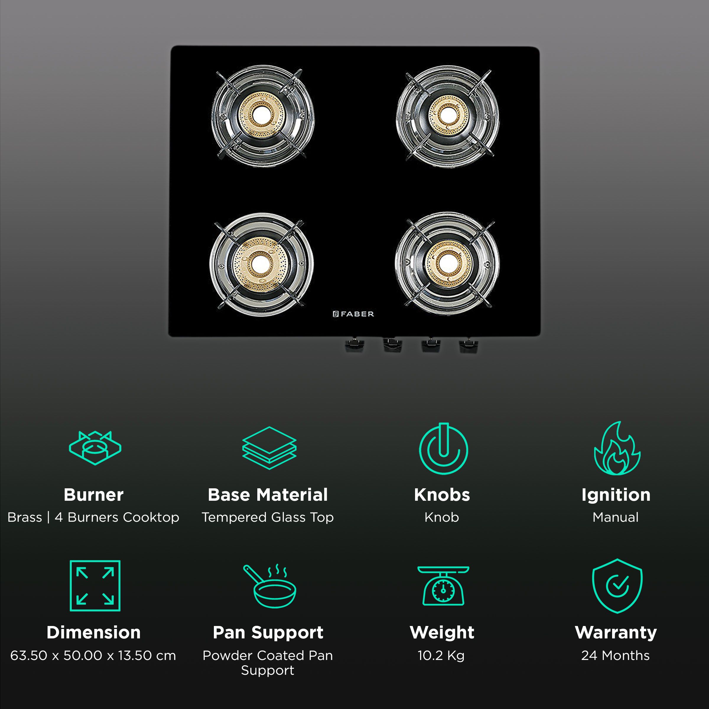 Faber MAGIC 4BB BK Tempered Glass Top 4 Burner Manual Gas Stove (Corrosion Resistance, Black)_3