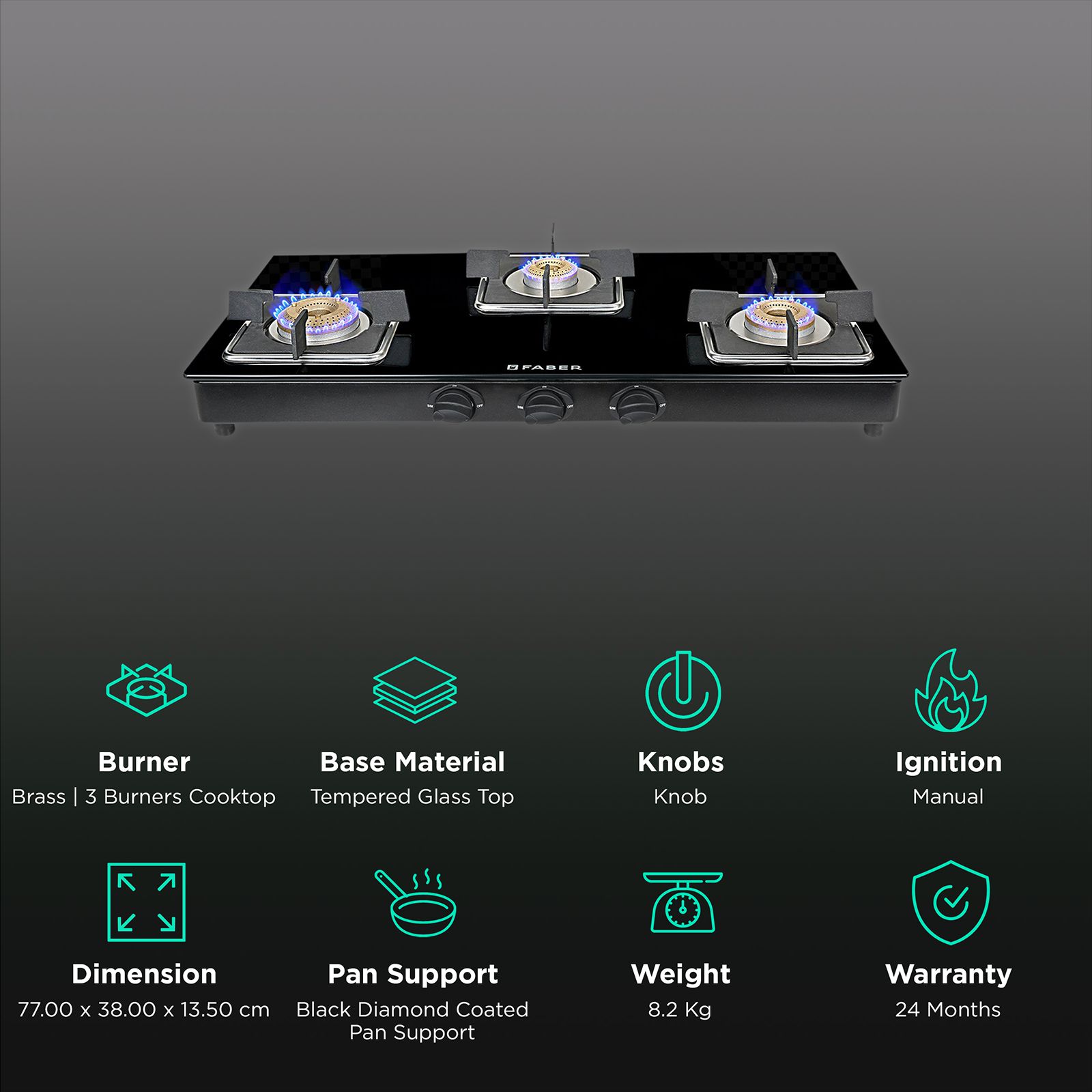 Faber PEARL 3BB BK Tempered Glass Top 3 Burner Manual Gas Stove (Corrosion Resistance, Black) Faber PEARL 3BB BK Tempered Glass Top 3 Burner Manual Gas Stove (Corrosion Resistance, Black)_3