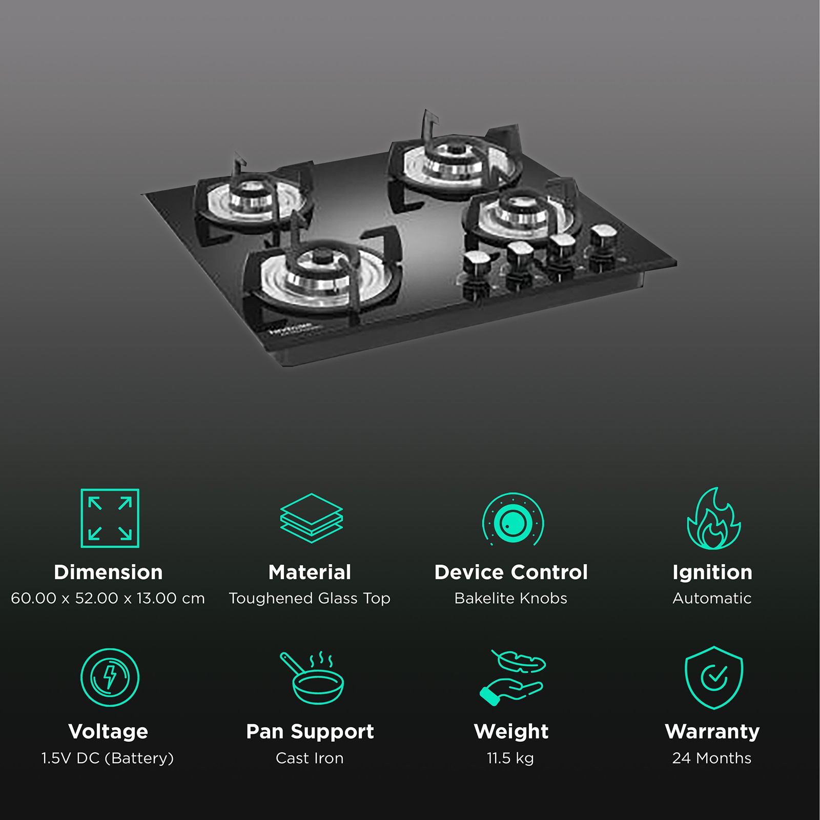 Hindware Sara Plus Toughened Glass Top 4 Burner Automatic Hob (Stainless Steel Drip Tray, Black)_3