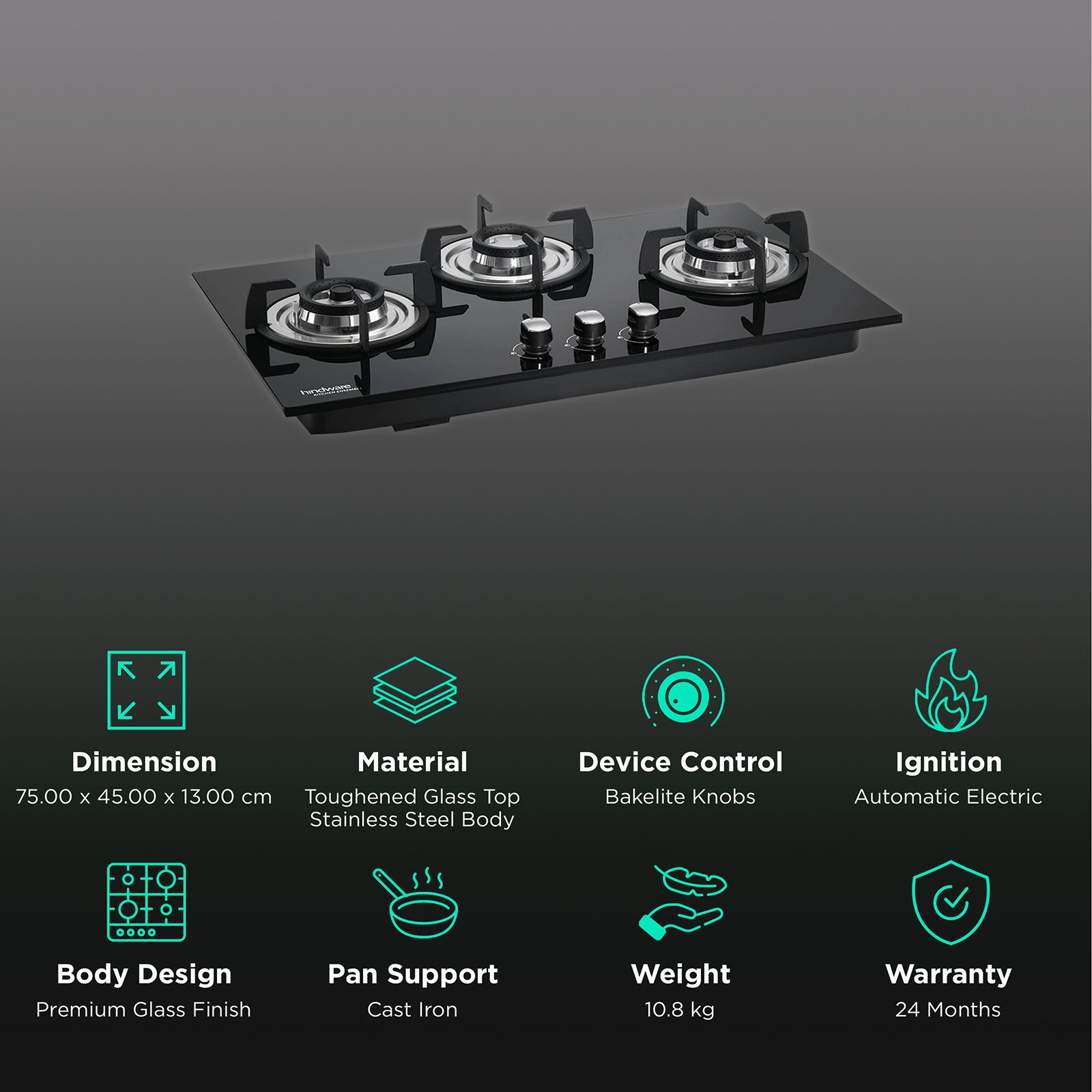 Hindware Ella Plus Toughened Glass Top 3 Burner Automatic Electric Hob (Triple Ring Burner, Black) Hindware Ella Plus Toughened Glass Top 3 Burner Automatic Electric Hob (Triple Ring Burner, Black)_3
