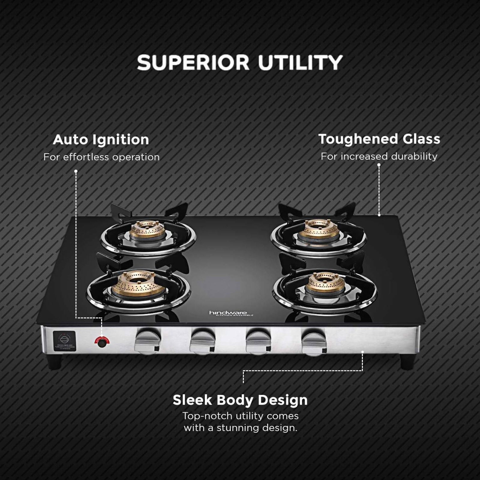 Hindware ARMO Plus Toughened Glass Top 4 Burner Automatic Gas Stove (Sleek Body Design, Black) Hindware ARMO Plus Toughened Glass Top 4 Burner Automatic Gas Stove (Sleek Body Design, Black)_6