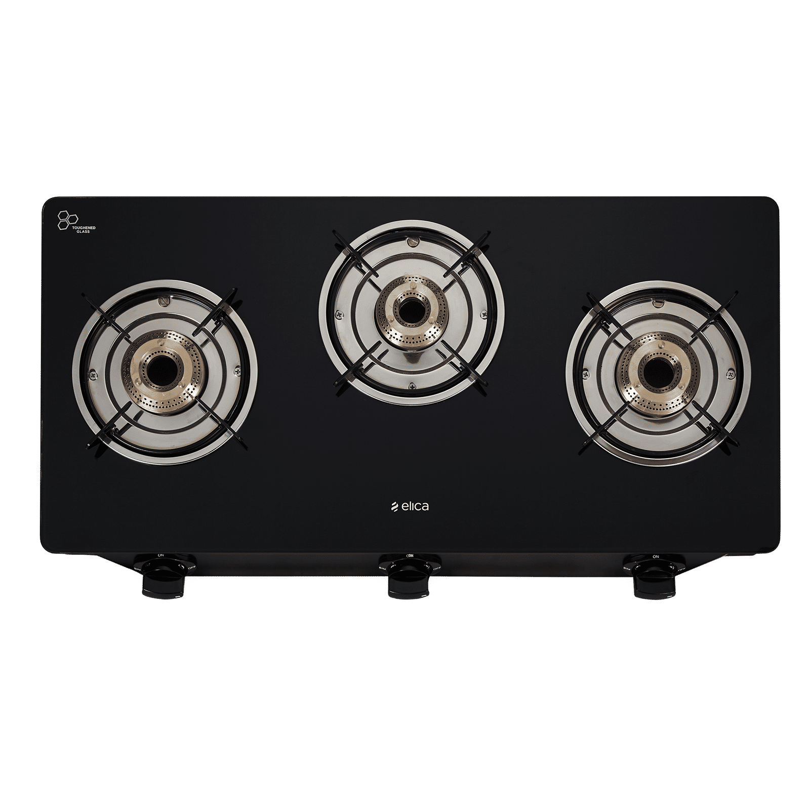Elica 703 CT VETRO BK Toughened Glass Top 3 Burner Manual Gas Stove (Round Euro Coated Grid, Black)_1