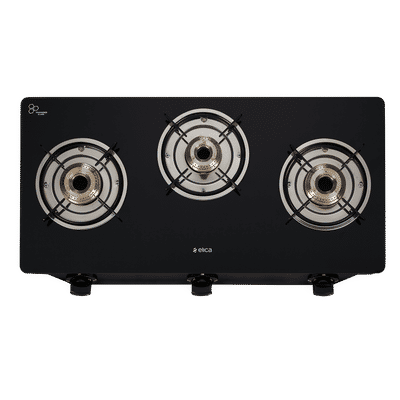 Elica 703 CT VETRO BK Toughened Glass Top 3 Burner Manual Gas Stove (Round Euro Coated Grid, Black)