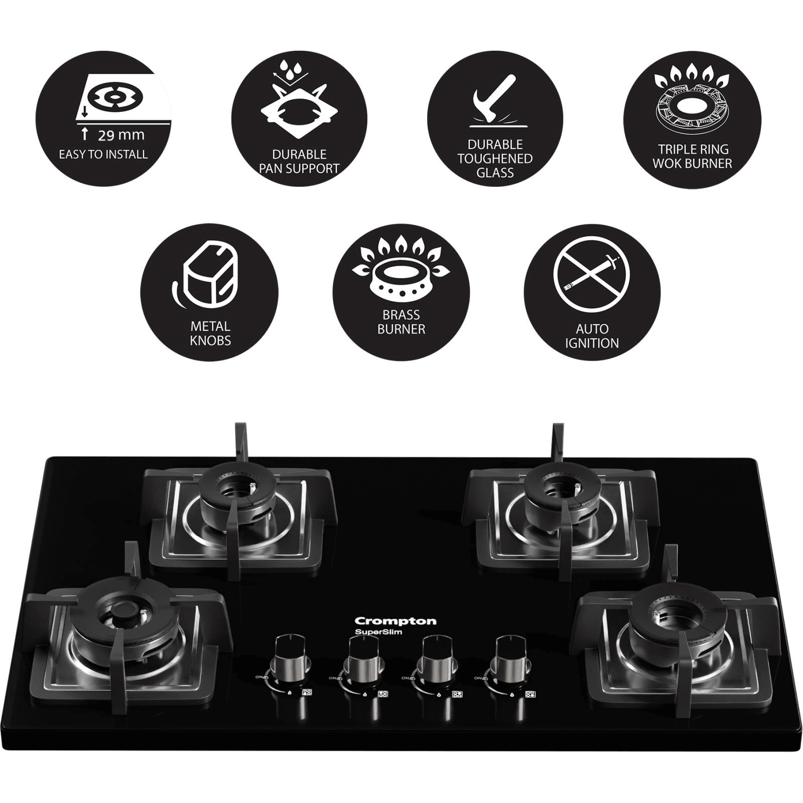 Crompton SuperSlim Toughened Glass Top 4 Burner Automatic Hob (Enamel Coating Cast Iron Pan Support, Midnight Black)_8