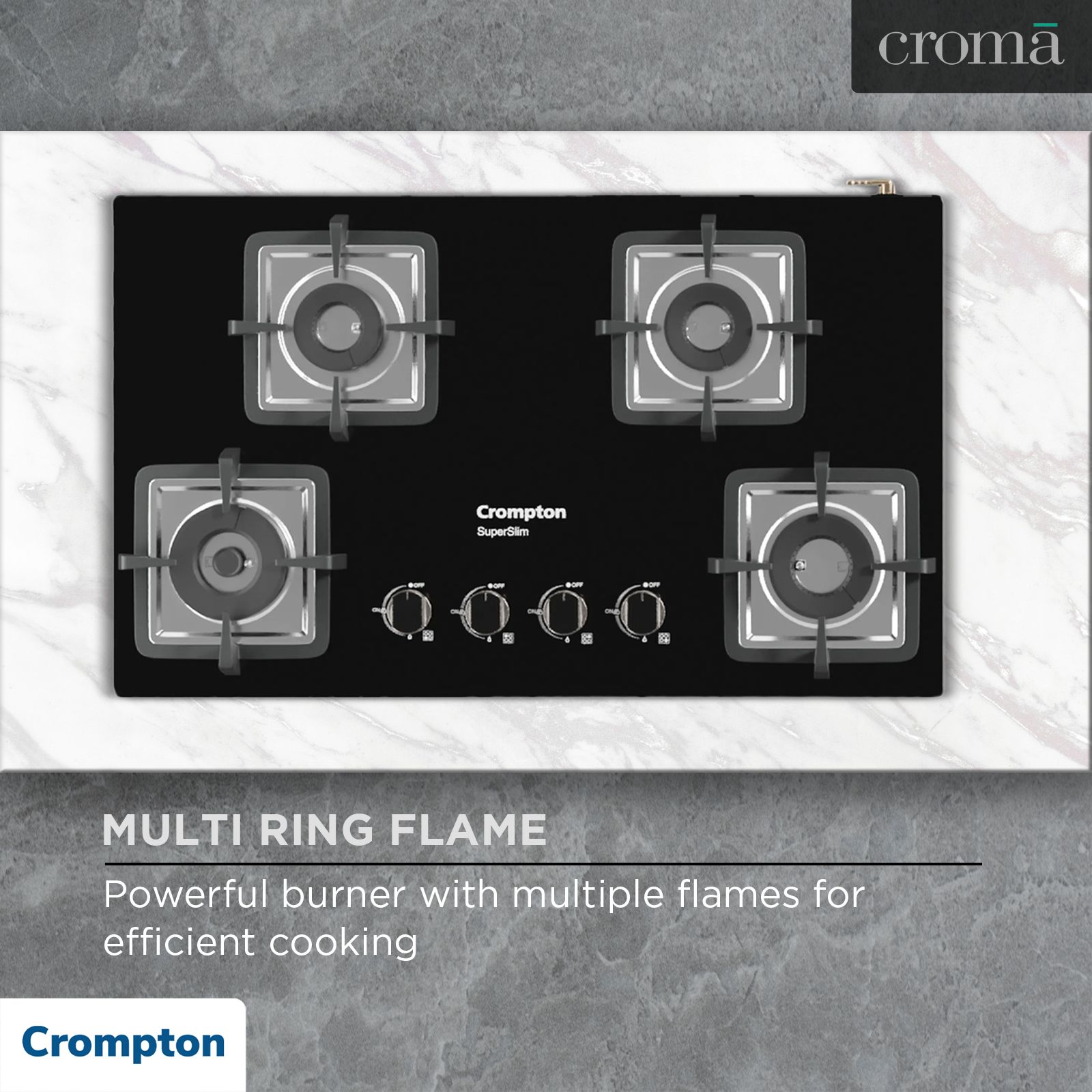 Crompton SuperSlim Toughened Glass Top 4 Burner Automatic Hob (Enamel Coating Cast Iron Pan Support, Midnight Black)_13