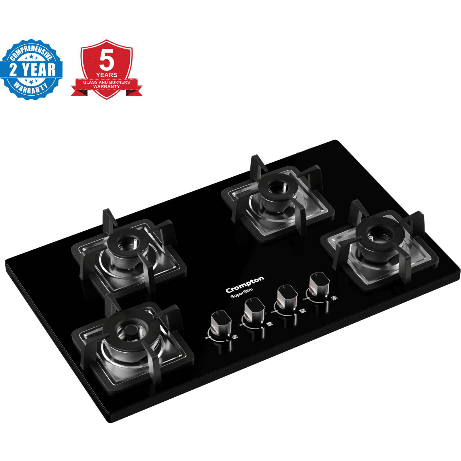 Crompton SuperSlim Toughened Glass Top 4 Burner Automatic Hob (Enamel Coating Cast Iron Pan Support, Midnight Black)_7