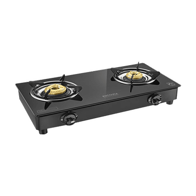 Kutchina Fabio 2B Eco Tempered Glass Top 2 Burner Manual Gas Stove (Stainless Steel Drip Tray, Black)