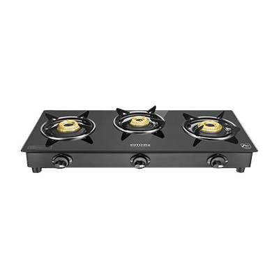 Kutchina Fabio 3B Eco Tempered Glass Top 3 Burner Manual Gas Stove (Stainless Steel Drip Tray, Black)