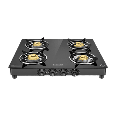 Kutchina Fabio 4B Eco Tempered Glass Top 4 Burner Manual Gas Stove (Stainless Steel Drip Tray, Black)