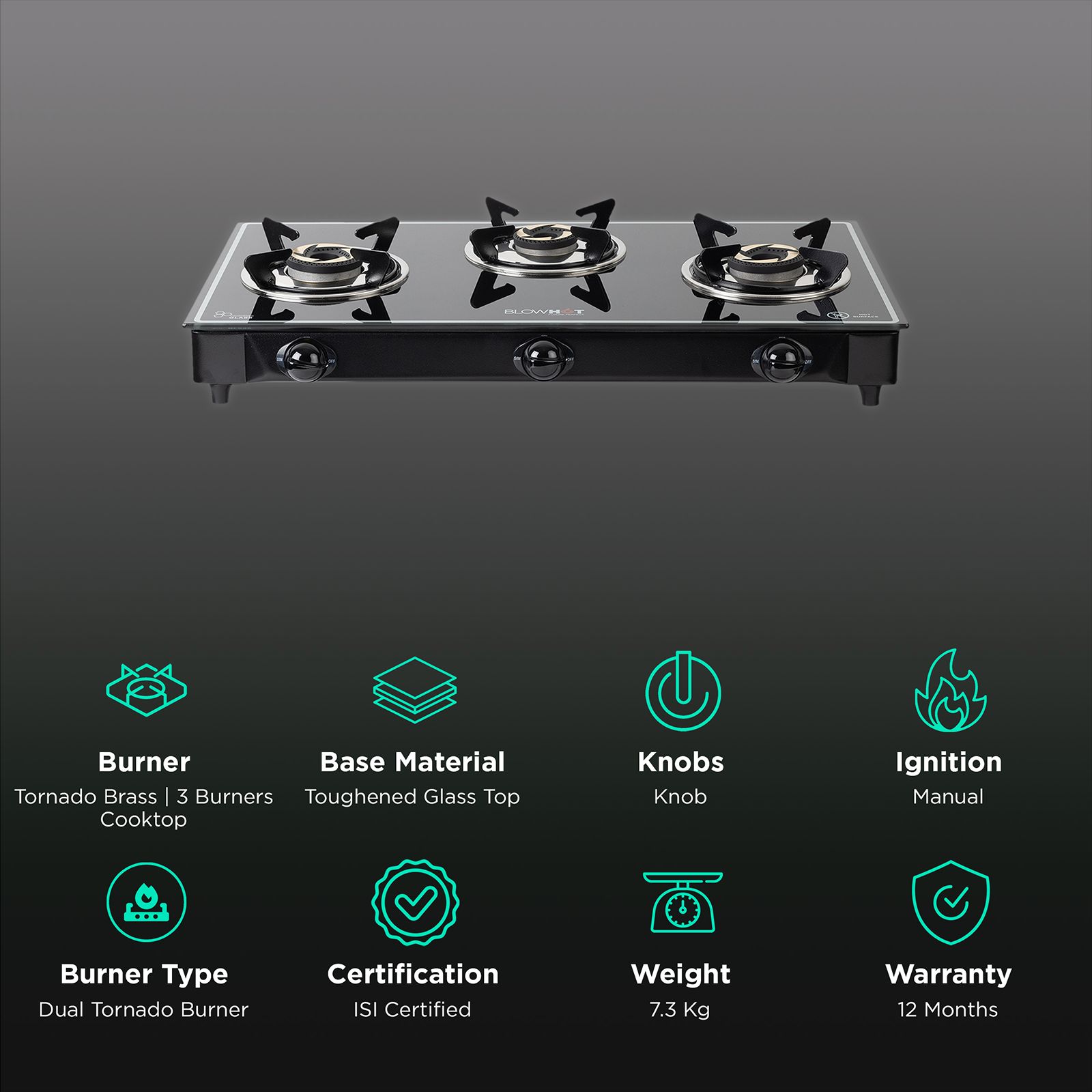 Blowhot Opal Toughened Glass Top 3 Burner Manual Gas Stove (ISI Certified, Black) Blowhot Opal Toughened Glass Top 3 Burner Manual Gas Stove (ISI Certified, Black)_3