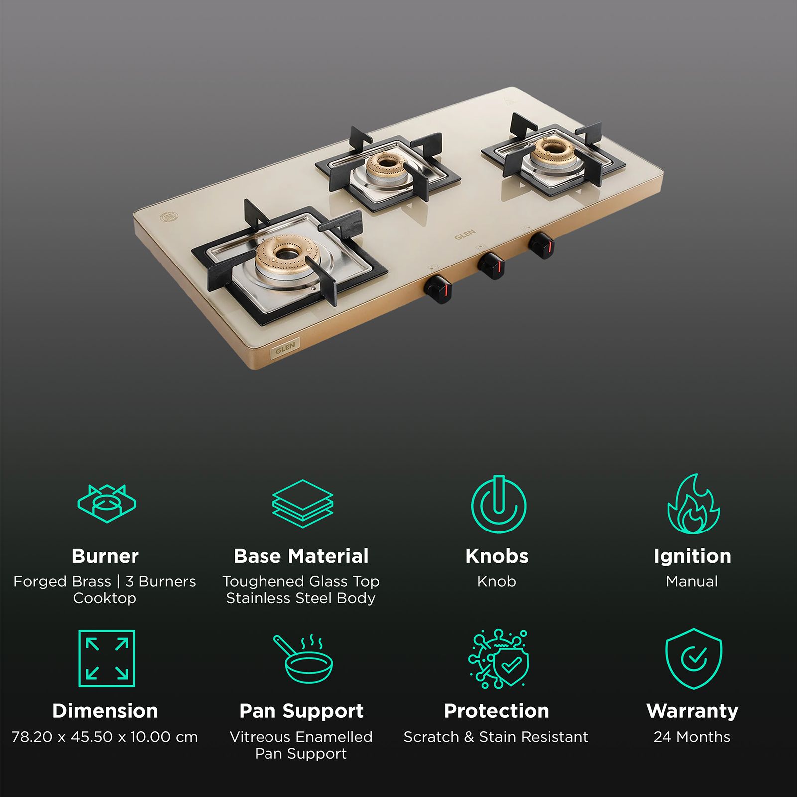Glen Ultra Slim Toughened Glass Top 3 Burner Manual Gas Stove (Vitreous Enamelled Pan Support, Apricot)_3
