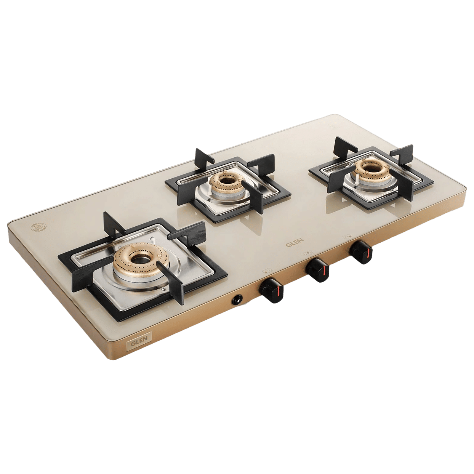 Glen Ultra Slim Toughened Glass Top 3 Burner Automatic Gas Stove (Vitreous Enamelled Pan Support, Apricot) Glen Ultra Slim Toughened Glass Top 3 Burner Automatic Gas Stove (Vitreous Enamelled Pan Support, Apricot)_1