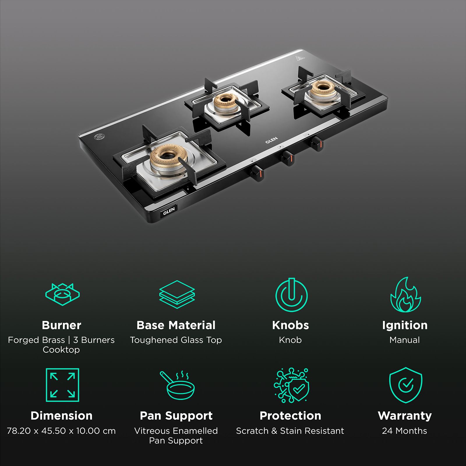 Glen Ultra Slim Mirror Toughened Glass Top 3 Burner Manual Gas Stove (Vitreous Enamelled Pan Support, Black) Glen Ultra Slim Mirror Toughened Glass Top 3 Burner Manual Gas Stove (Vitreous Enamelled Pan Support, Black)_3