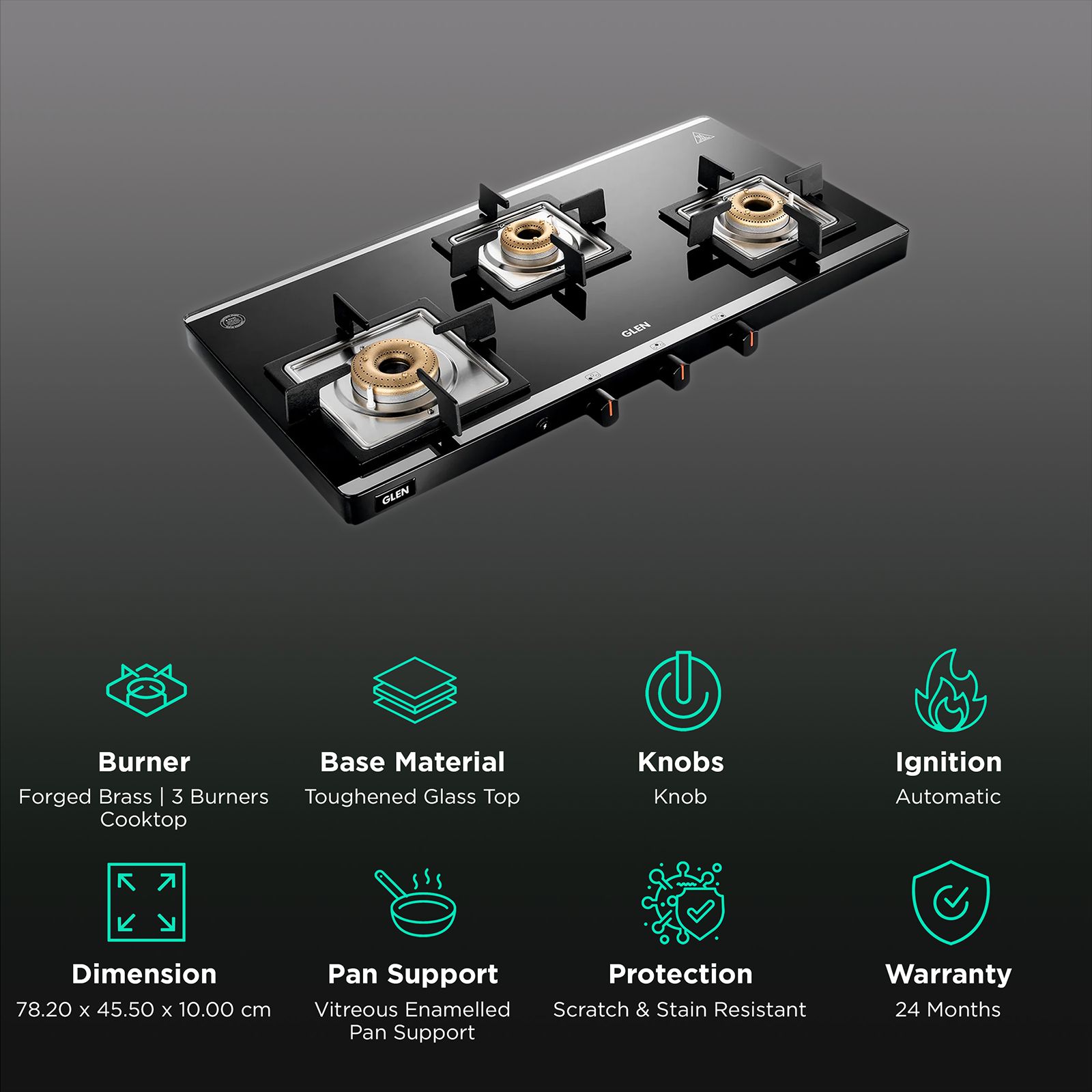 Glen Ultra Slim Mirror Toughened Glass Top 3 Burner Automatic Gas Stove (Vitreous Enamelled Pan Support, Black) Glen Ultra Slim Mirror Toughened Glass Top 3 Burner Automatic Gas Stove (Vitreous Enamelled Pan Support, Black)_3