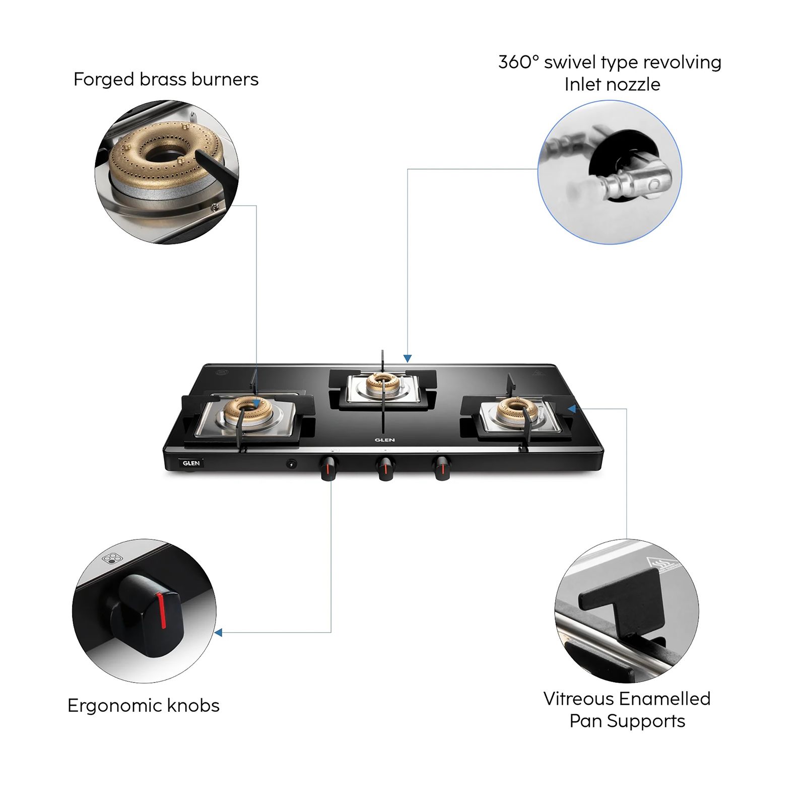 Glen Ultra Slim Mirror Toughened Glass Top 3 Burner Automatic Gas Stove (Vitreous Enamelled Pan Support, Black) Glen Ultra Slim Mirror Toughened Glass Top 3 Burner Automatic Gas Stove (Vitreous Enamelled Pan Support, Black)_6