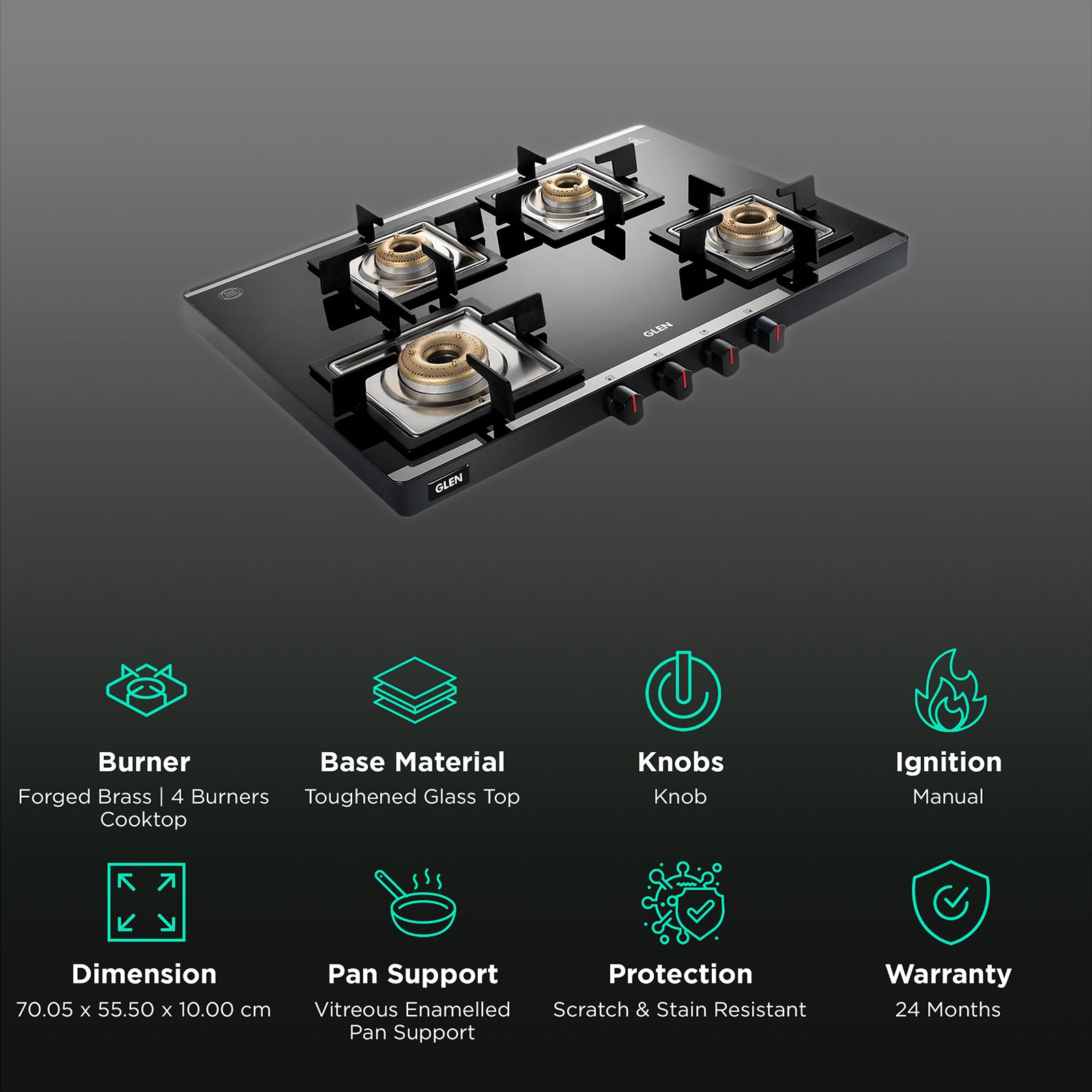 Glen Ultra Slim Mirror Toughened Glass Top 4 Burner Manual Gas Stove (Vitreous Enamelled Pan Support, Black)_3