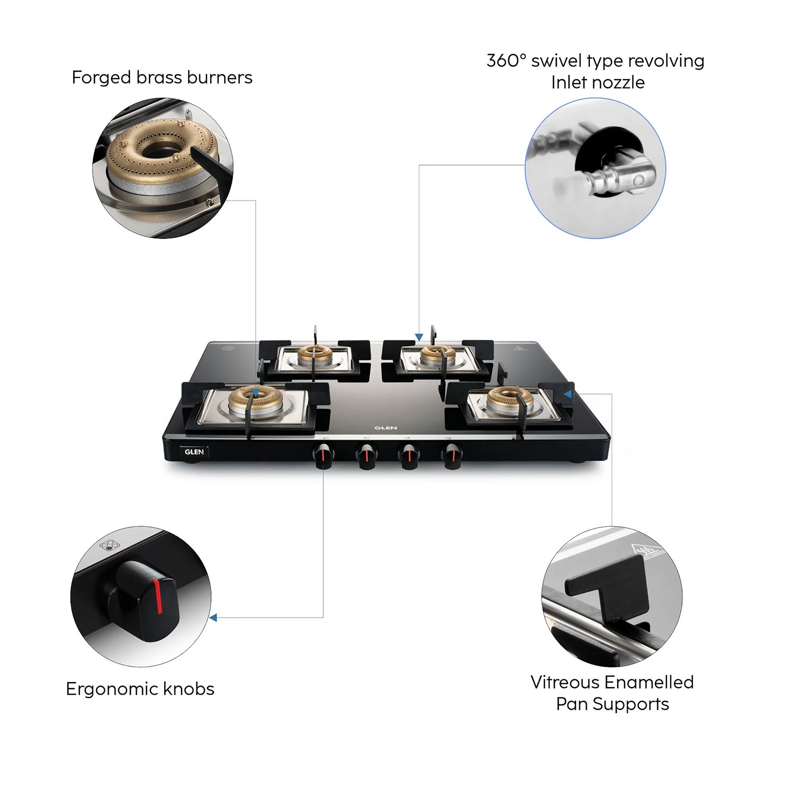 Glen Ultra Slim Mirror Toughened Glass Top 4 Burner Manual Gas Stove (Vitreous Enamelled Pan Support, Black)_4