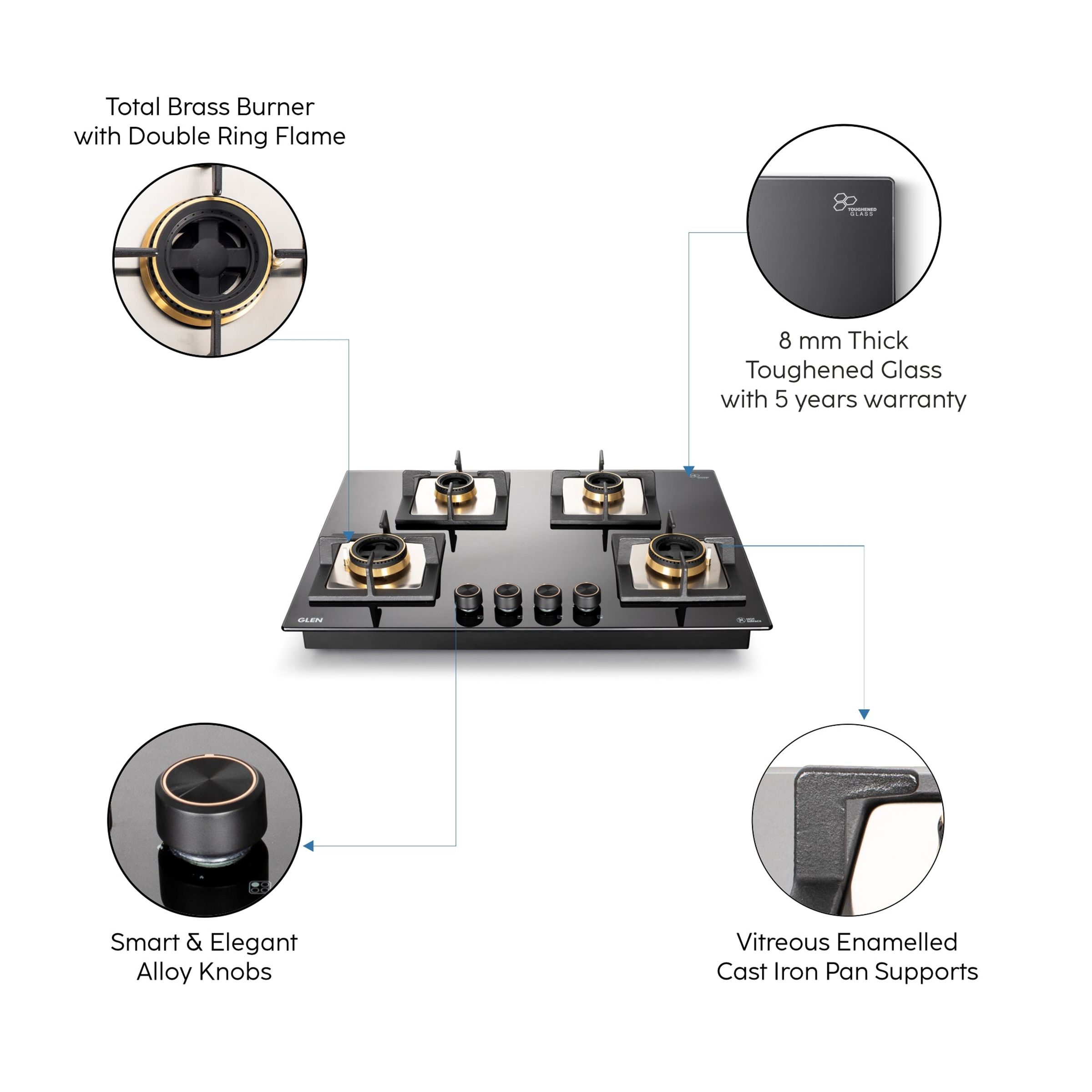 Glen 1074 SQ HT DB Toughened Glass Top 4 Burner Automatic Electric Hob (Vitreous Enamelled Pan Support, Black)_7