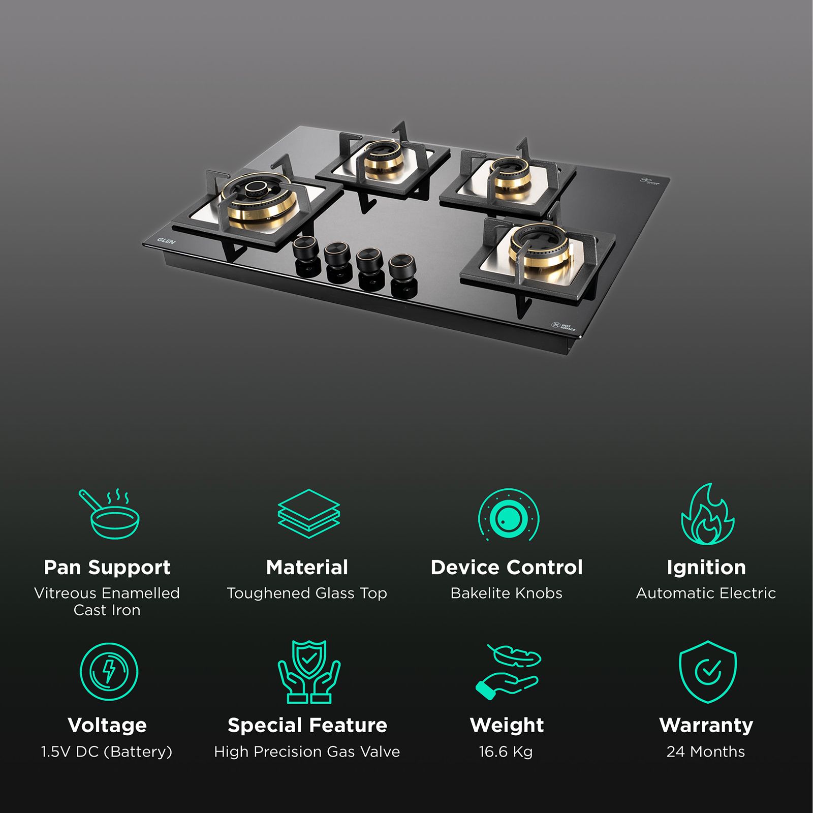 Glen 1074 SQ HT DB TR Toughened Glass Top 4 Burner Automatic Electric Hob (Vitreous Enamelled Pan Support, Black) Glen 1074 SQ HT DB TR Toughened Glass Top 4 Burner Automatic Electric Hob (Vitreous Enamelled Pan Support, Black)_3