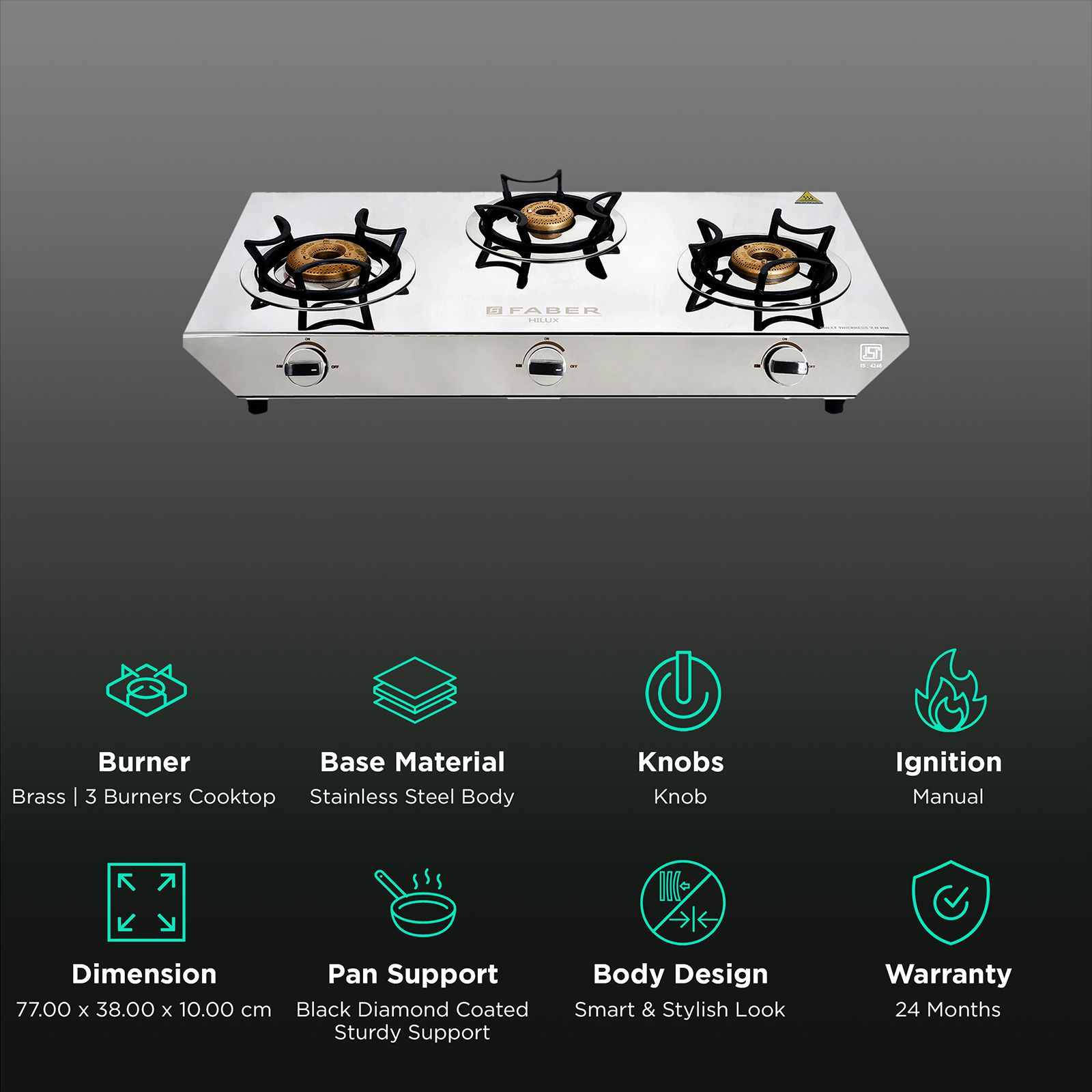 Faber Hilux Max 3BB SS 3 Burner Manual Gas Stove (Black Diamond Coated Sturdy Pan Support, Silver) Faber Hilux Max 3BB SS 3 Burner Manual Gas Stove (Black Diamond Coated Sturdy Pan Support, Silver)_3