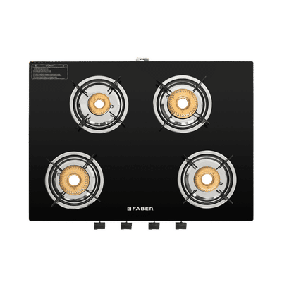 Faber Jumbo Neo XL 4BB AI Glass Top 4 Burner Automatic Gas Stove (MS Power Coated Pan Support, Black)